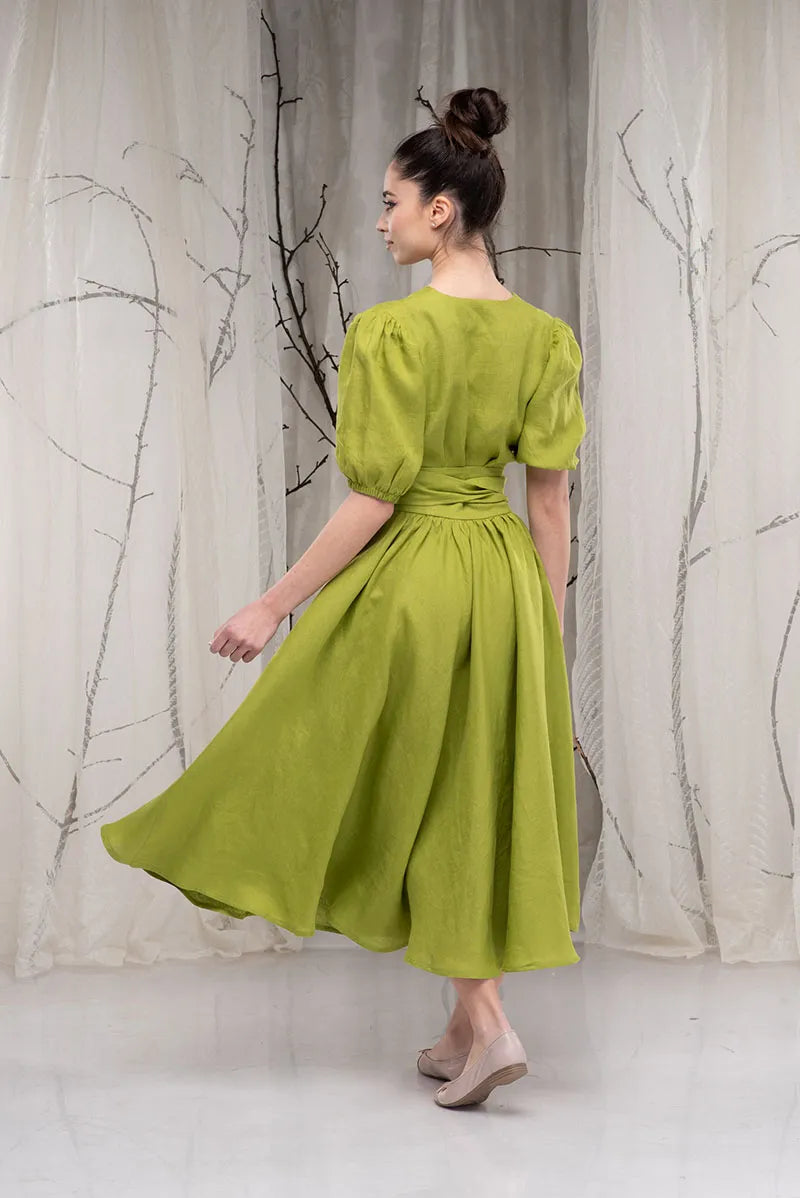 Long Linen Wrap Puffy Sleeve Flare Summer Dress-Danellys-5.webp