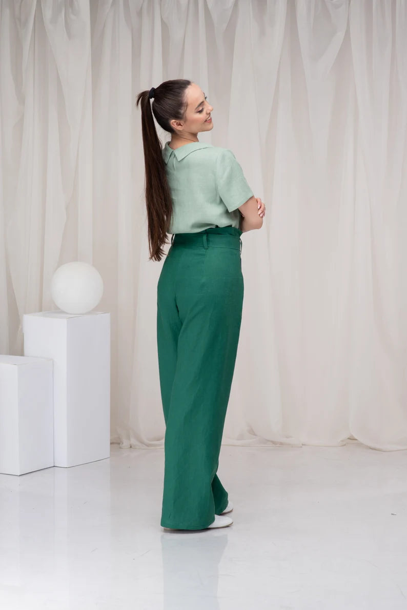 Green Linen High Waist Palazzo Summer Pants-Danellys-3.webp