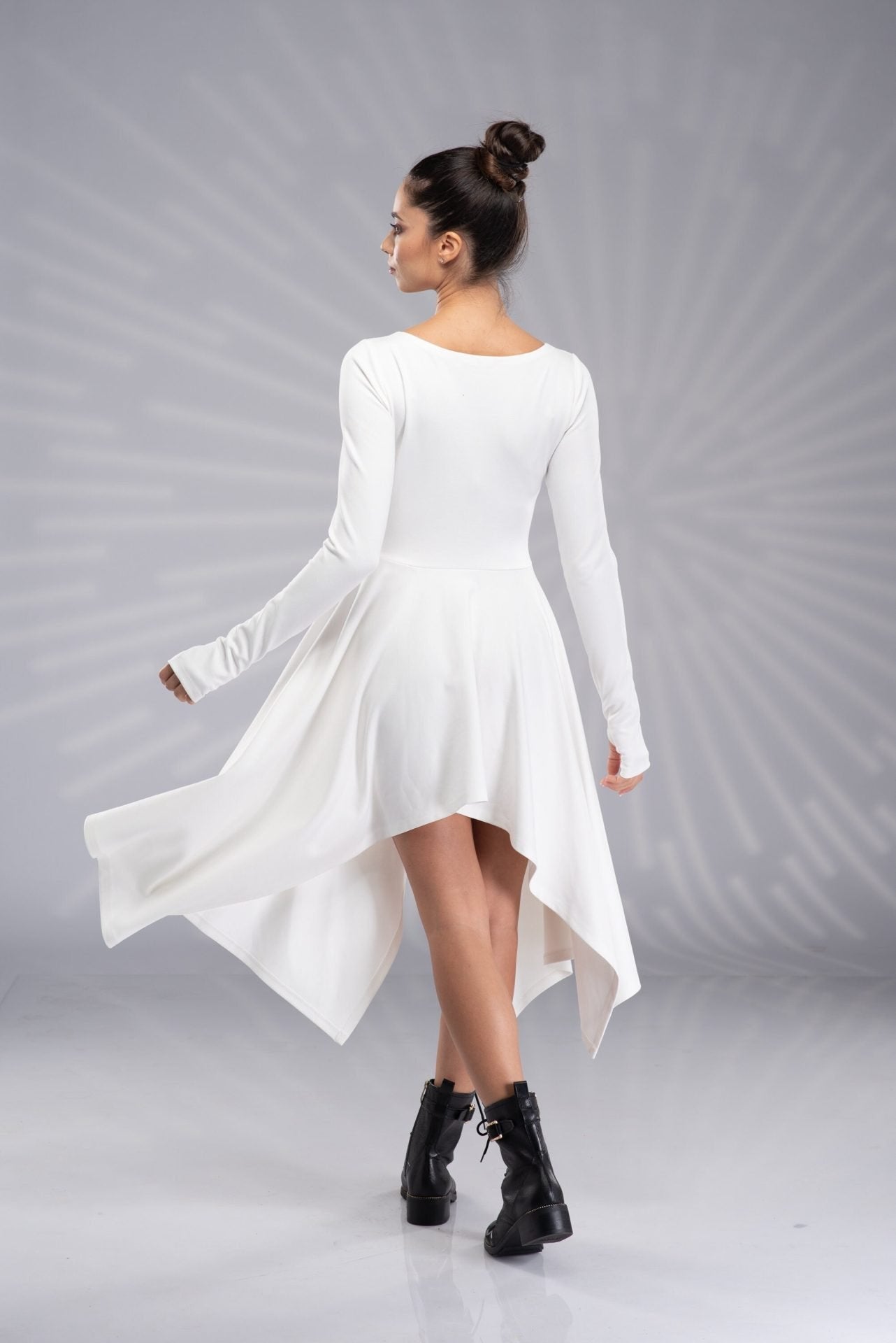 White Asymmetrical Fairy Elven Wedding Sexy Dress with Thumb Holes