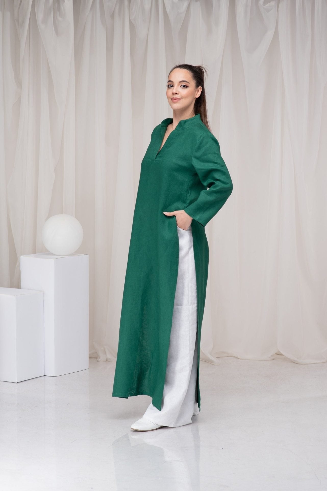Maxi Linen Long Sleeve Shirt Dress with Side Slit