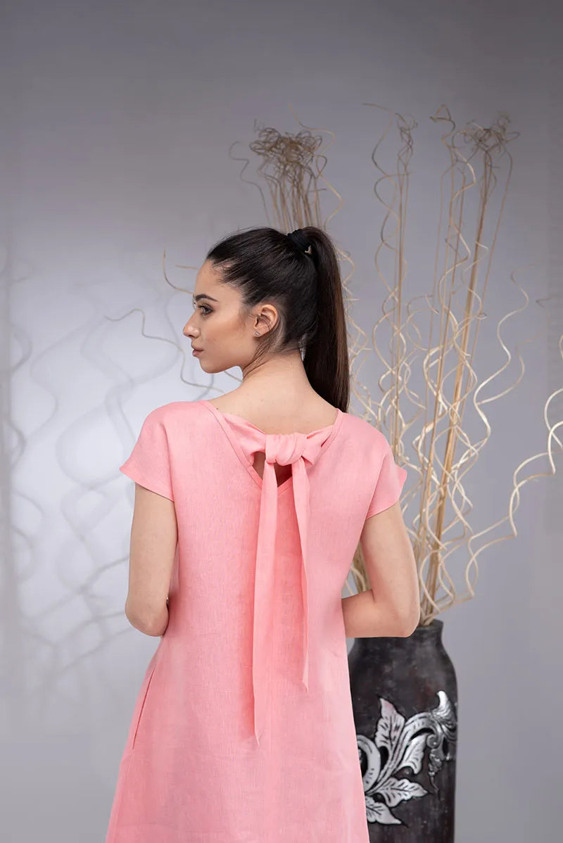 Linen Short Sleeve Knee-Length Boho Summer A-line Dress