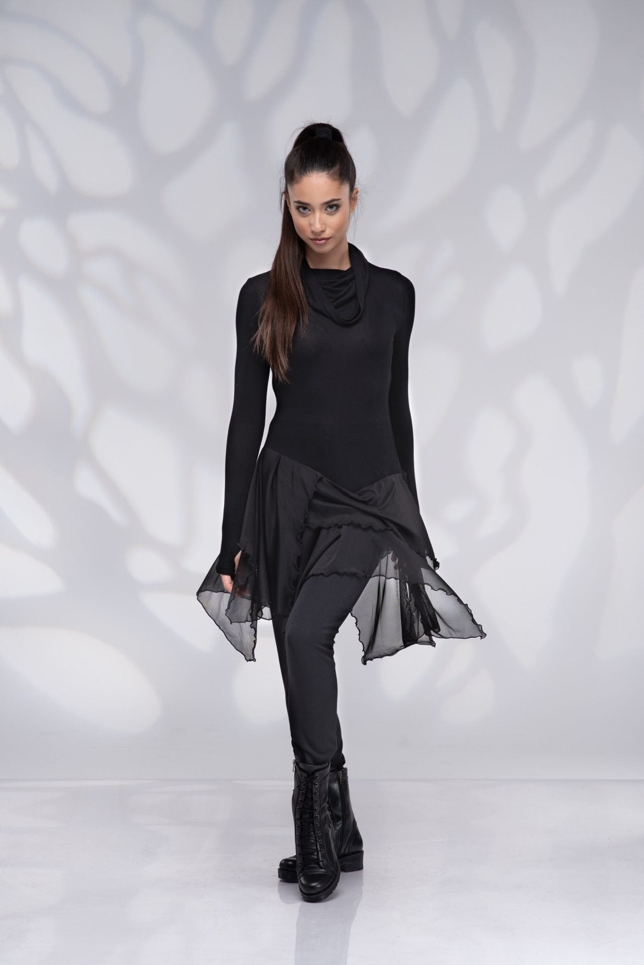 Long Black Draped Asymmetrical Turtleneck Tunic Top with Thumb Hole Sleeves