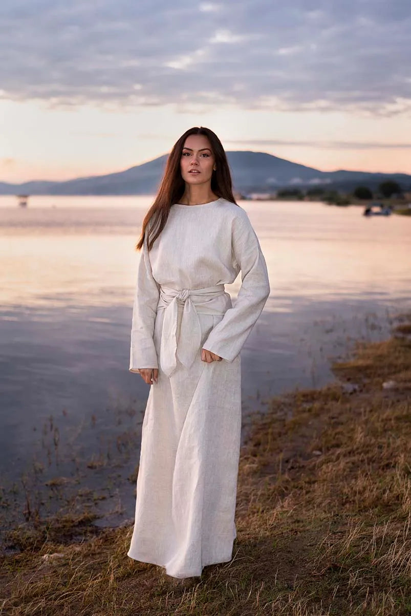 Maxi Summer Linen Kaftan Dress - Long Abaya with belt