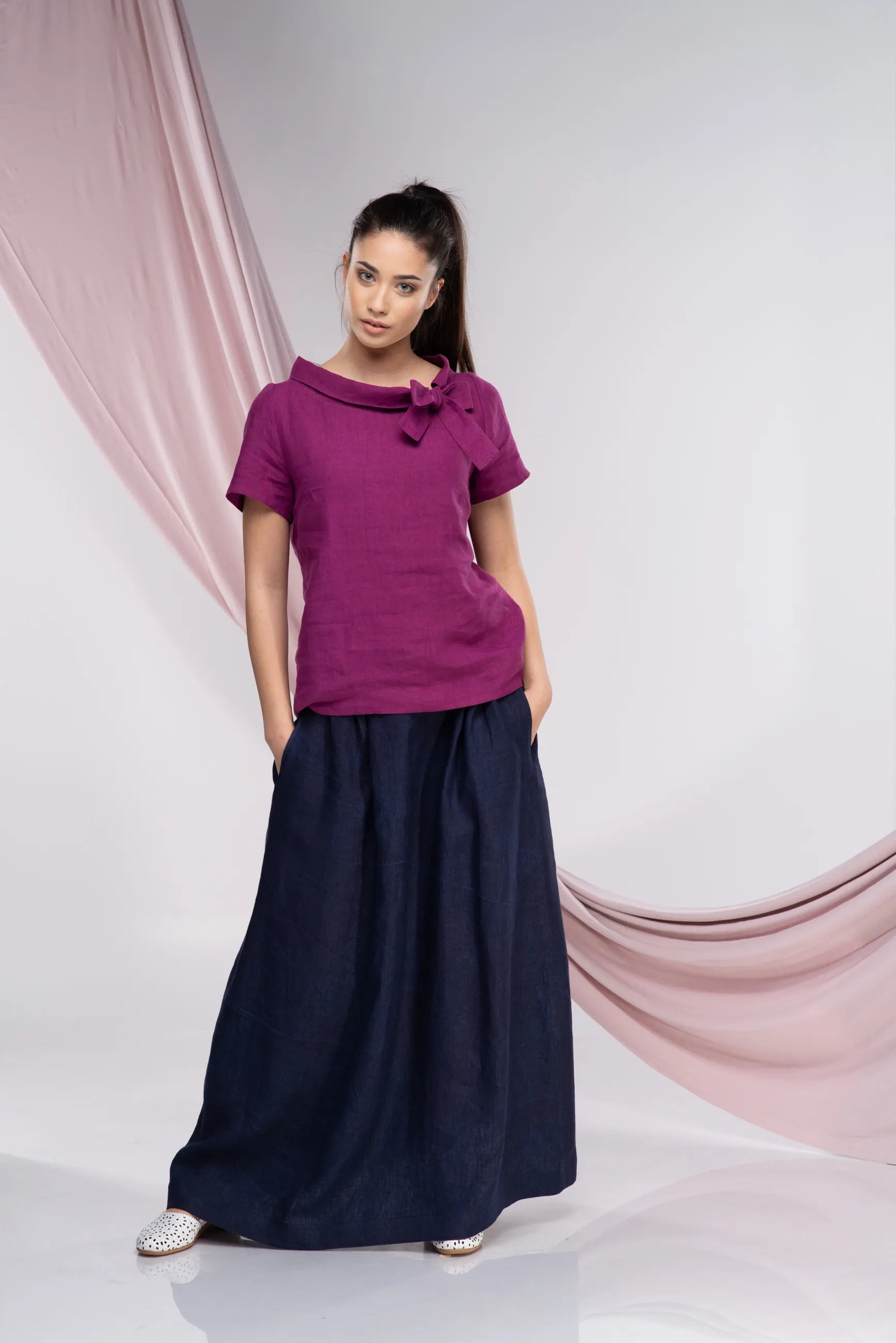 Purple Linen Short Sleeve Elegant Top-Danellys-6.webp
