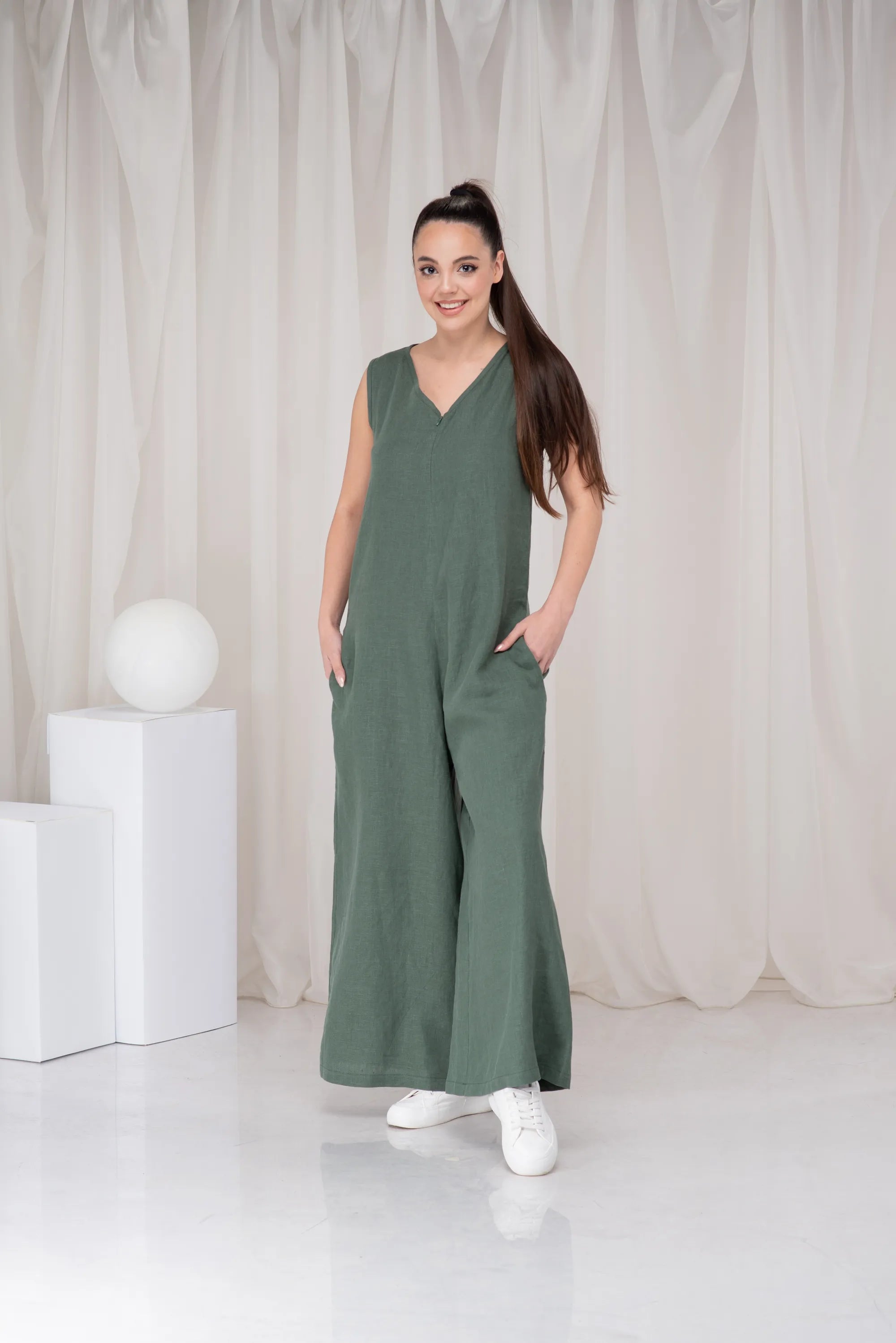 Green Linen Plus Size Wide Leg Loose Romper-Danellys-2.webp