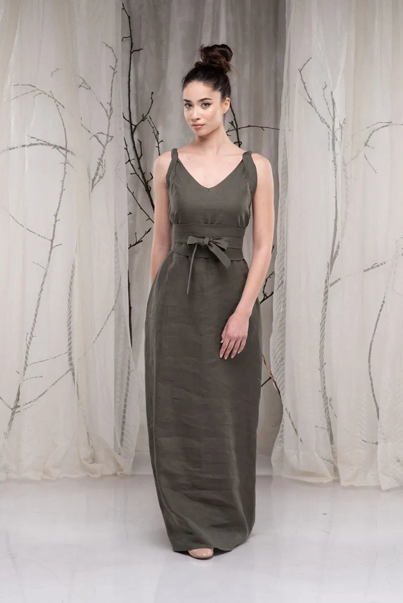 Khaki Long Flax Linen Dress with Obi Belt-Danellys-3.webp