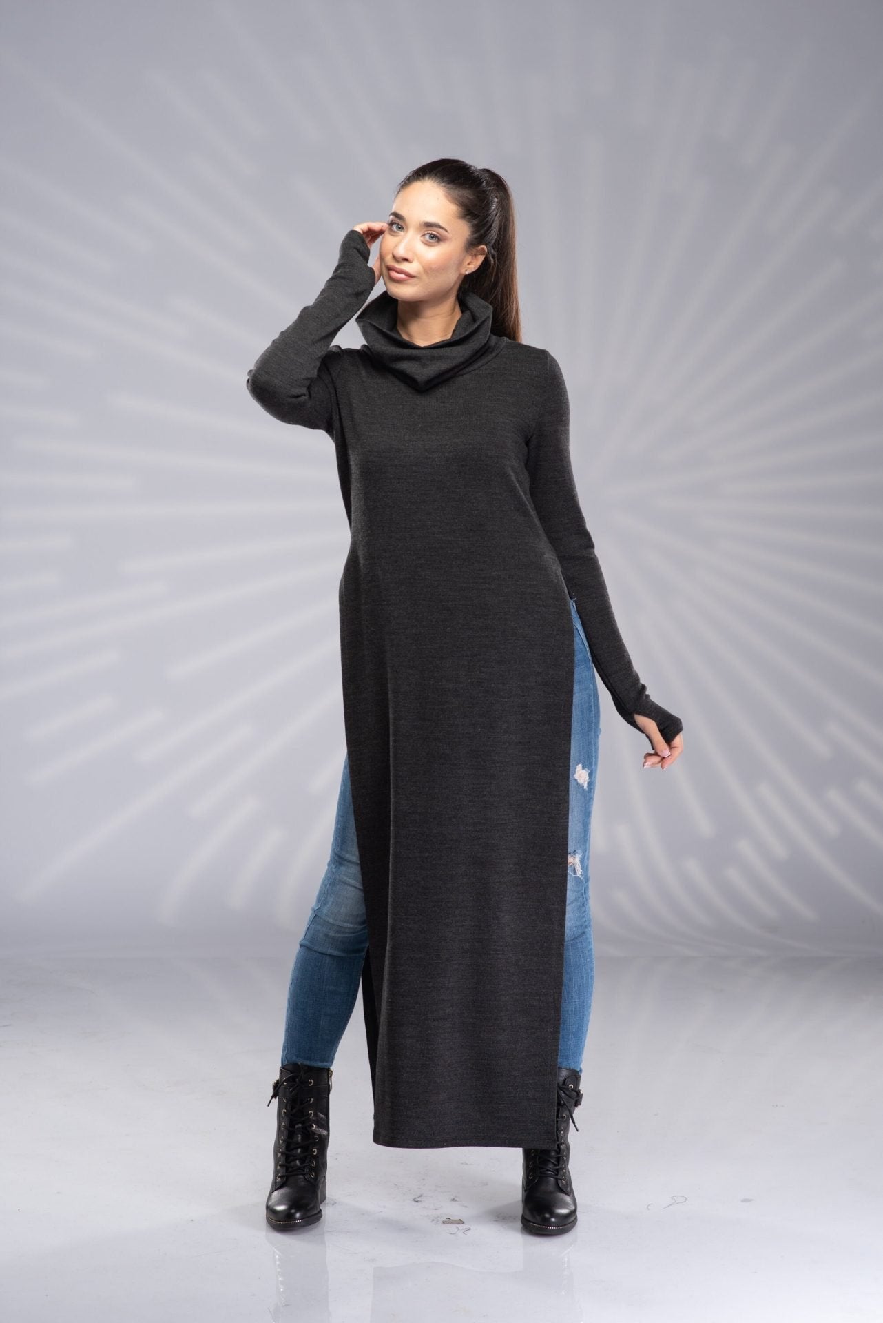Long Turtleneck Knit Tunic Sweater Dress