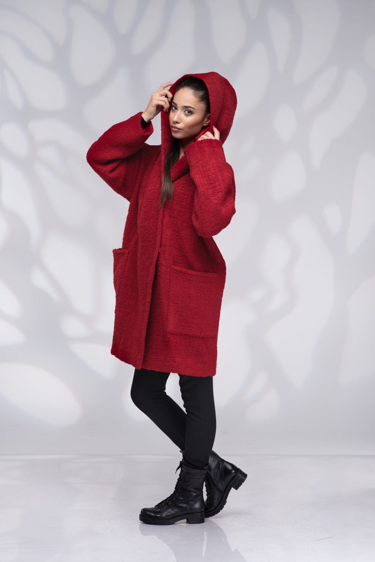Wool Oversized Short Red Coat with Lining