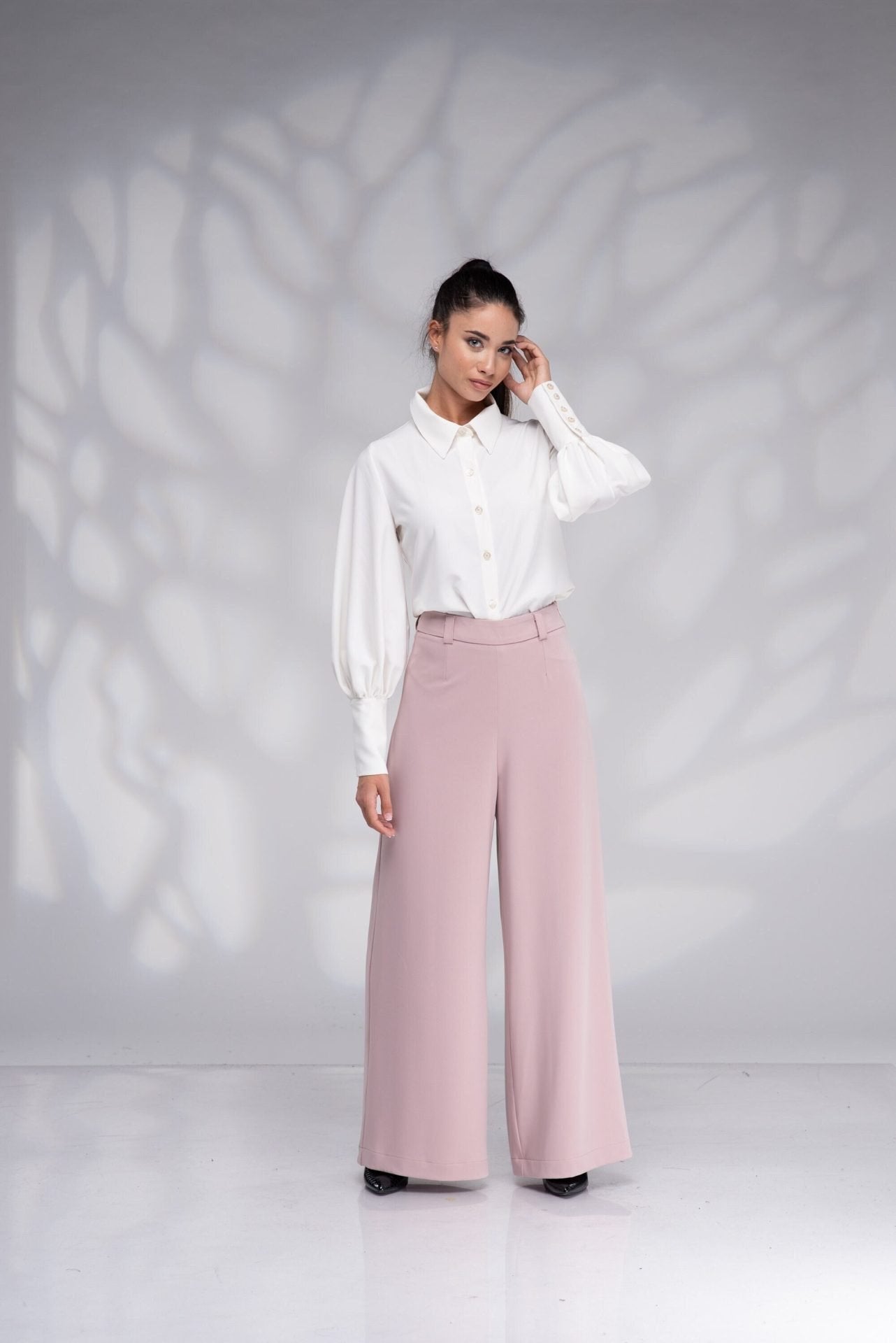 Wide Leg Palazzo High Waisted Flared Trousers with Side Zipper