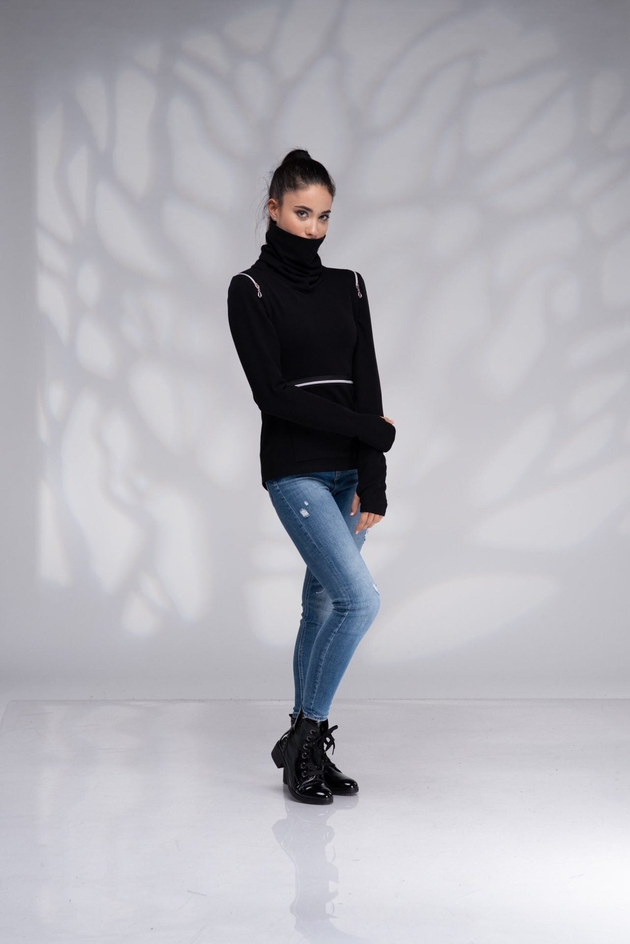 Fitted Turtleneck High Neck Warm Winter Sweatshirt with Zipper