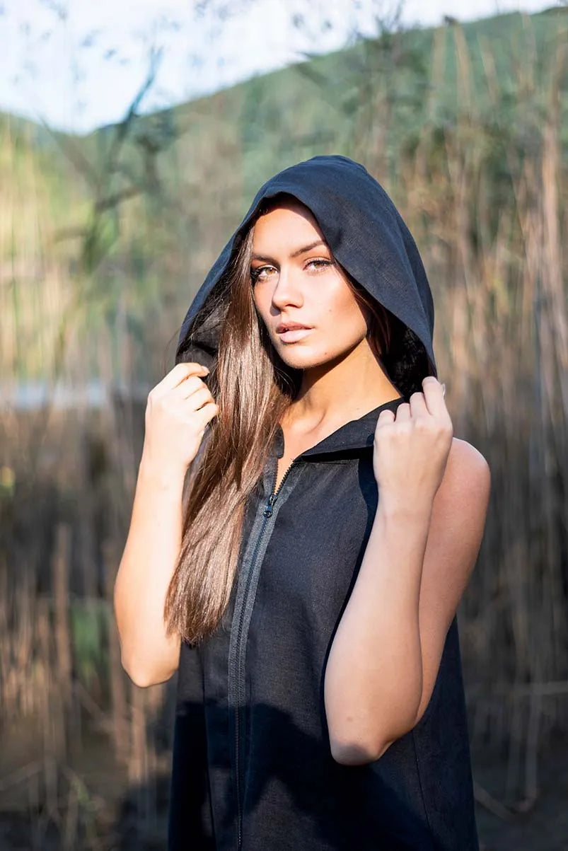 Black Linen Hoodie Dress with Zipper made of Pure Linen