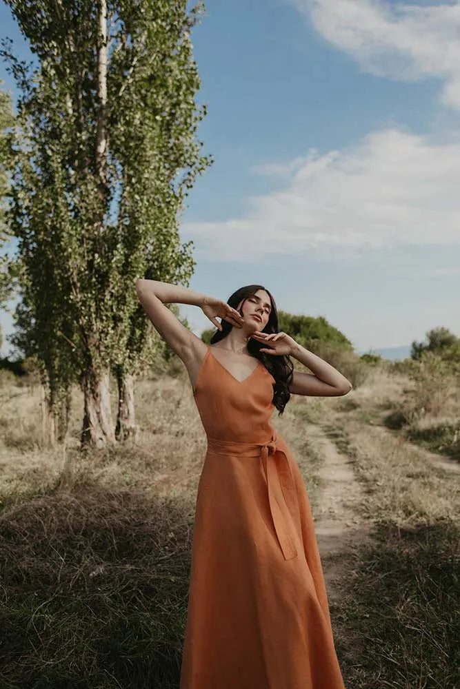 Rust Orange Spaghetti Strap Linen Maxi Dress with Tie Waist