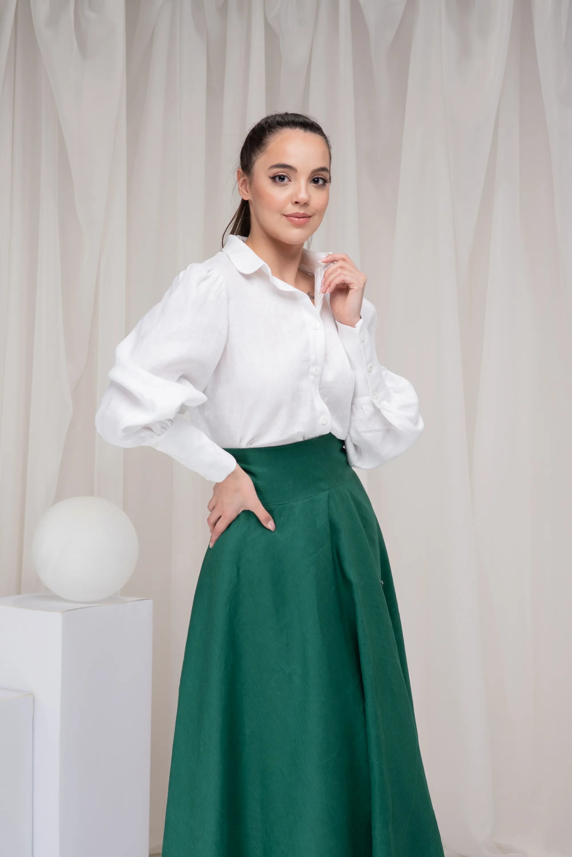 White Linen Victorian Collared Button up Top with Bishop Sleeves-Danellys.webp