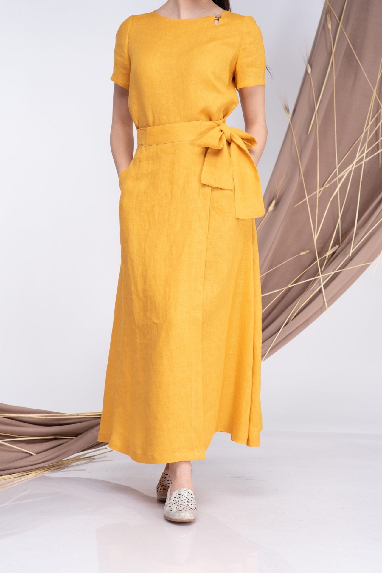 Wrap Linen Maxi Skirt with Pockets