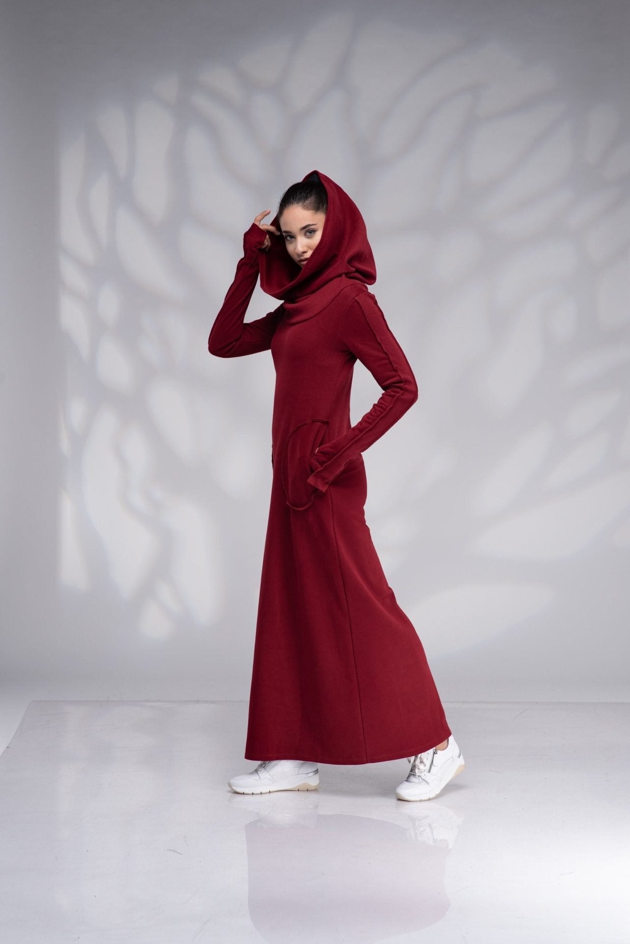Long Winter Maxi Elven Sweatshirt Dress with Cowl Hood and Thumb Hole Sleeves