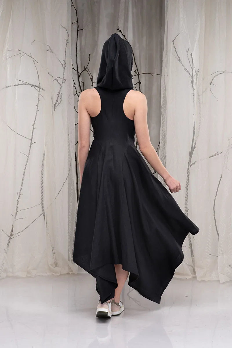 Hooded Linen Wrap Asymmetrical Black Gothic Dress