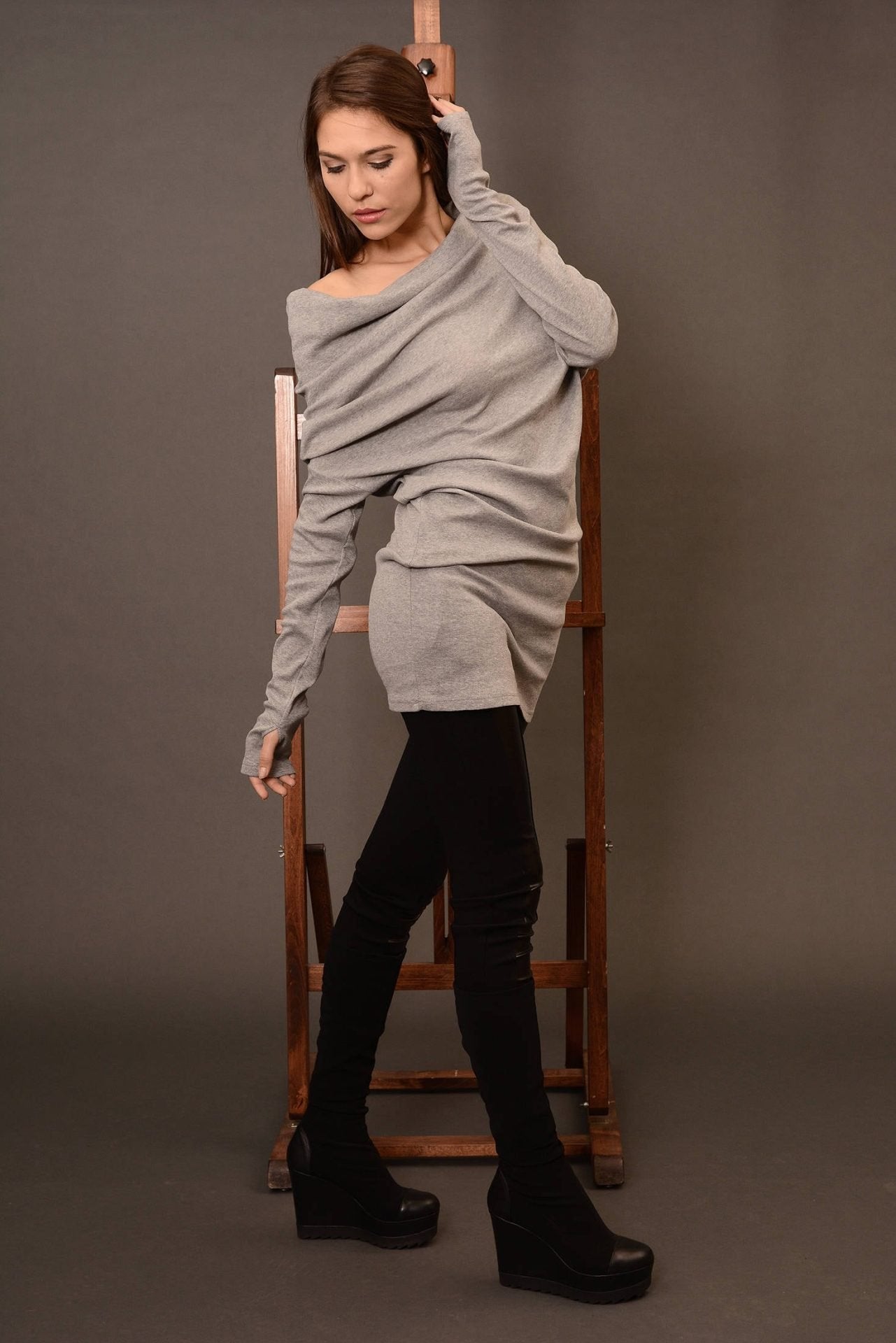 Knit Wool Asymmetrical Oversized Off Shoulder Sweater