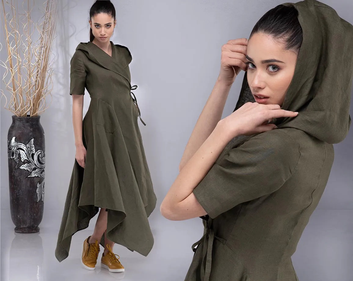 Long Wrap Linen Hooded Asymmetrical Dress.webp