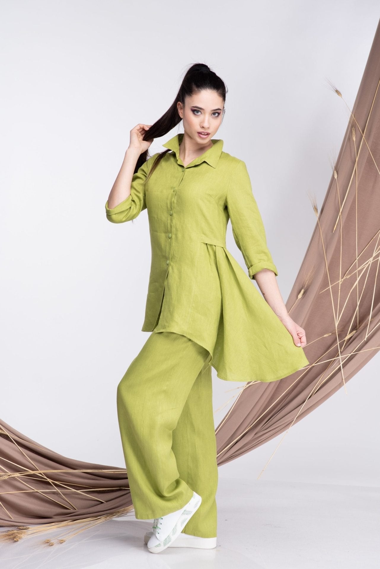 Two Piece Linen Outfit Linen Maxi Tunic and Linen Pants