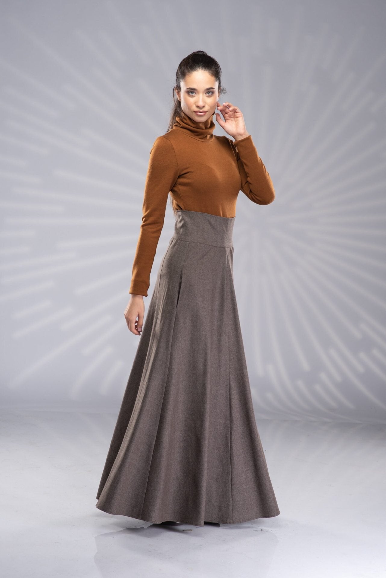 Long Wool Victorian Walking Winter Skirt with High Waist