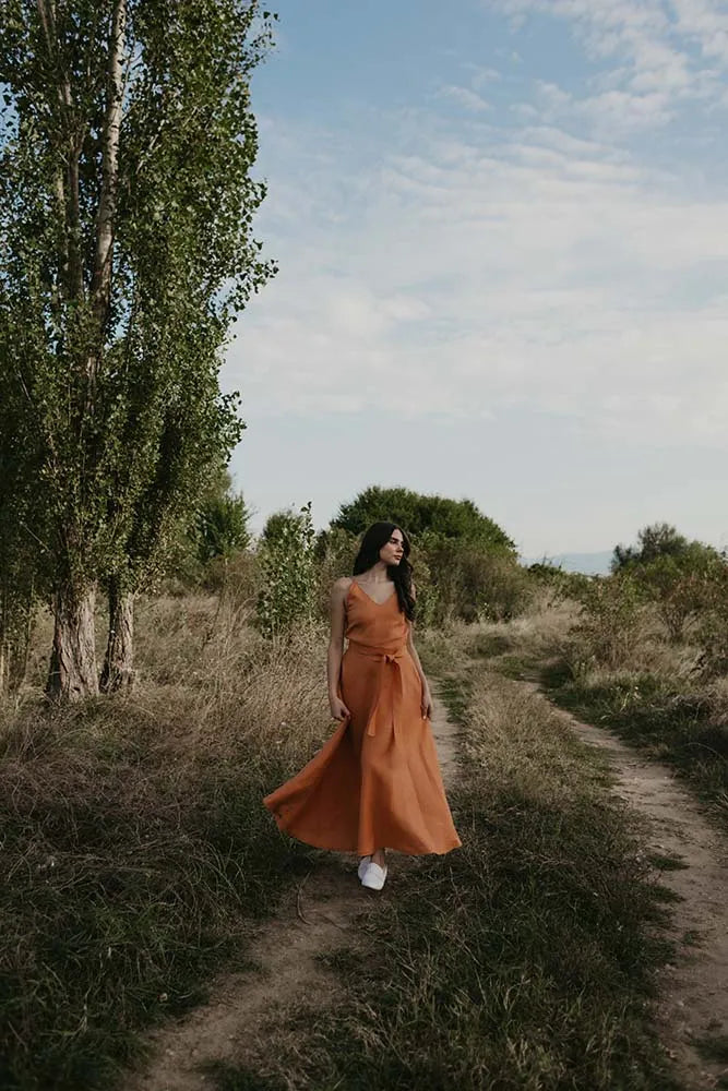 Rust Orange Spaghetti Strap Linen Maxi Dress with Tie Waist