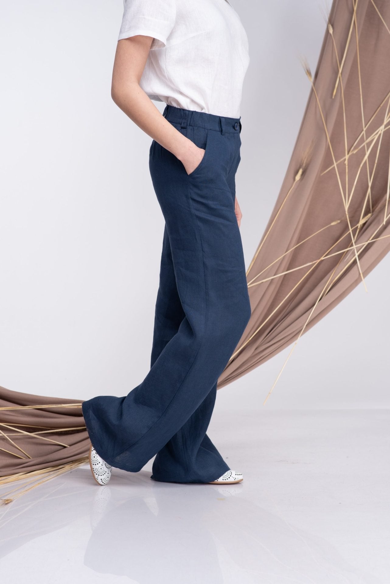 Linen Wide Leg Palazzo Trousers with Elastic Waist