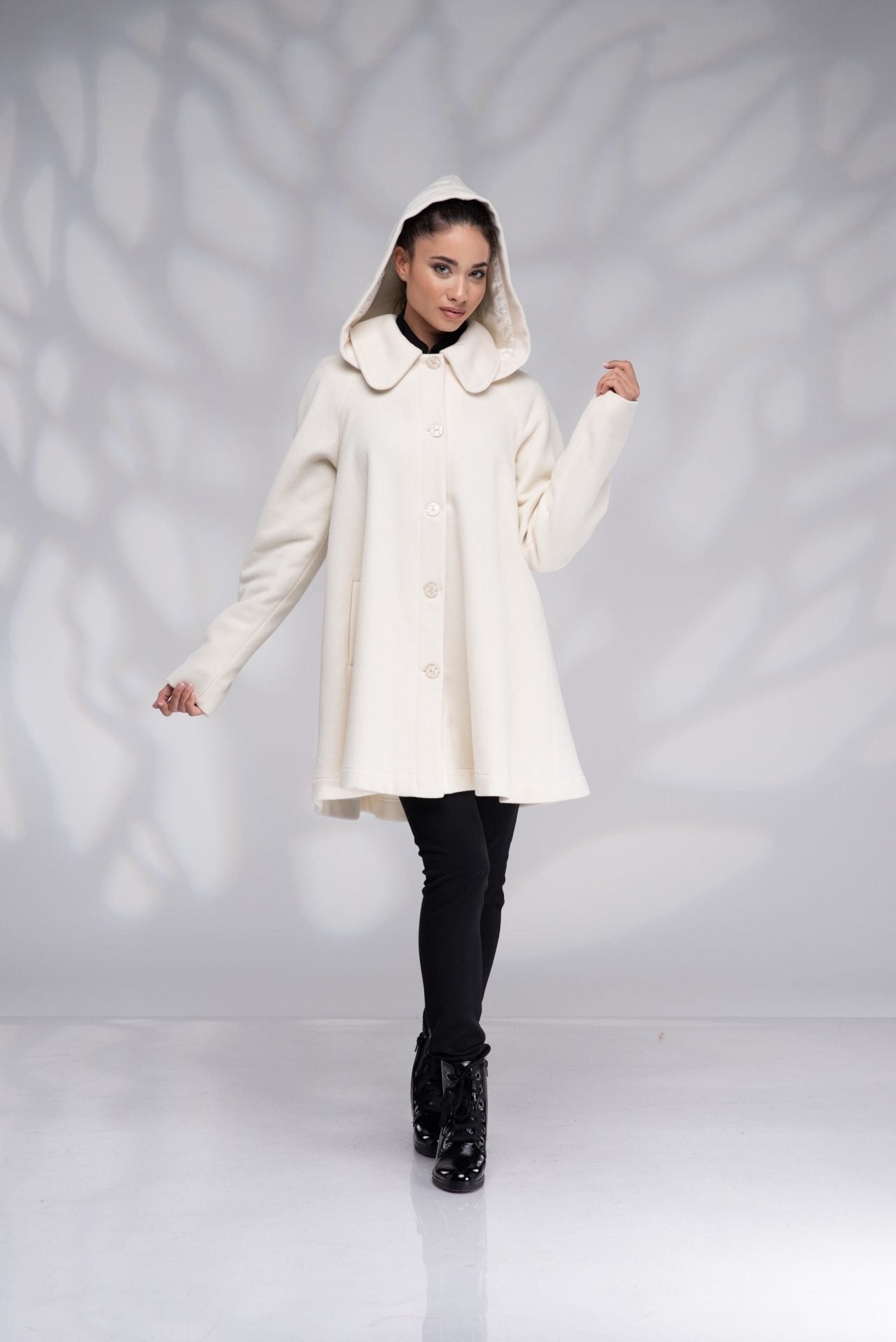 Wool Hooded White Short Swing Coat with Lining