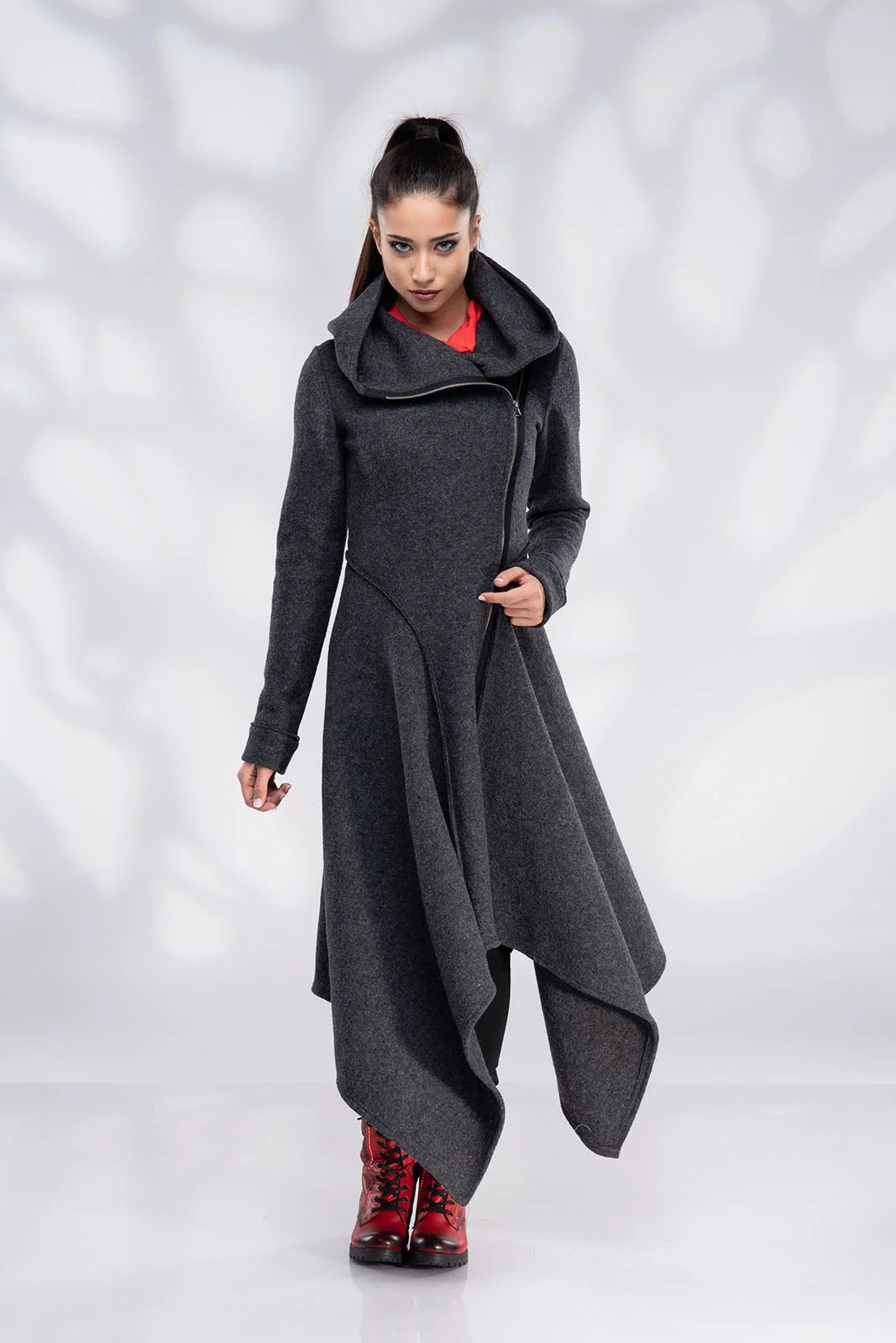 Long Wool Coat with Hood - Asymmetrical Zip Up Coat-Danellys.webp