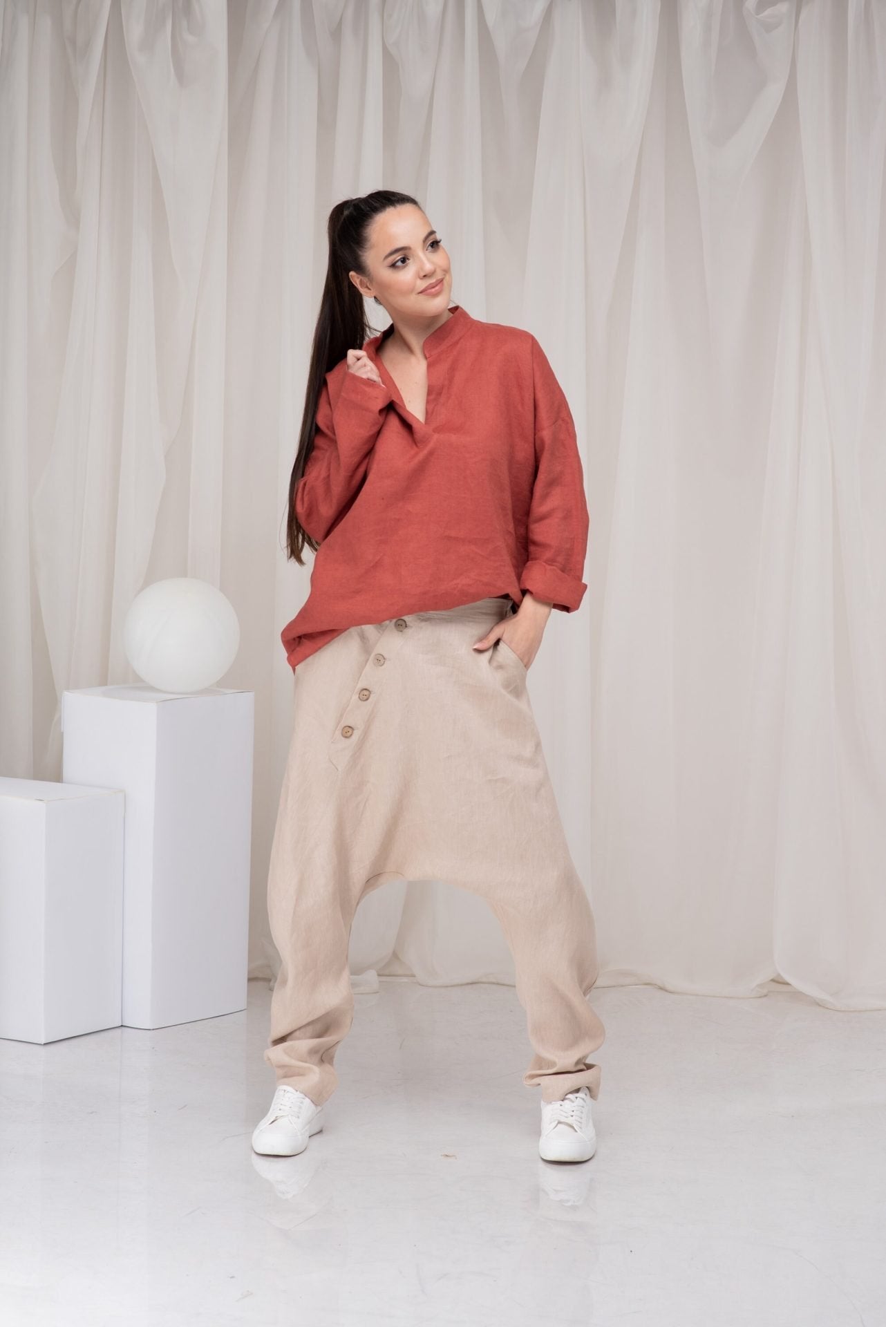Linen Plus Size Loose Summer Burnt Orange Blouse