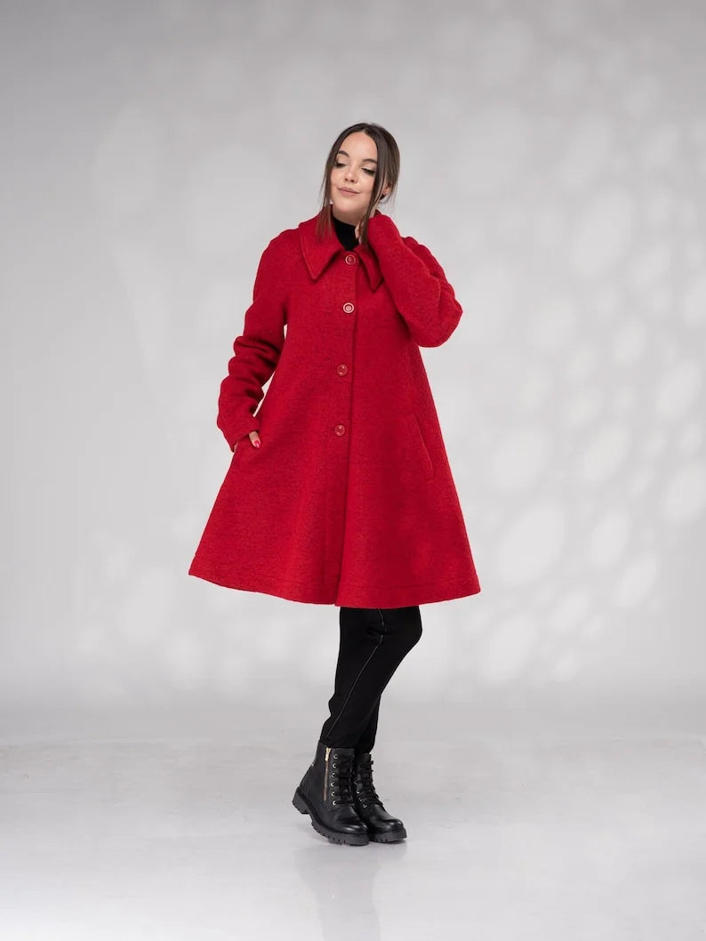 Red Winter Wool Swing Coat A-line 1950s Coat