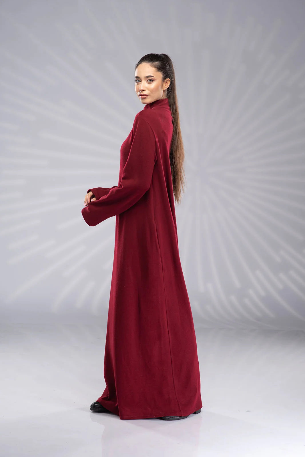 Long Sleeve Knit Dress with Turtleneck - Red Winter Maxi Dress