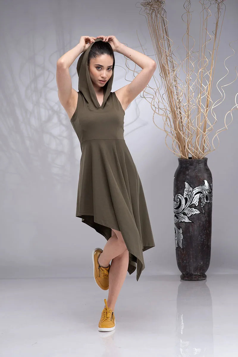 Elven Cotton Asymmetrical Cowl Hood Dress