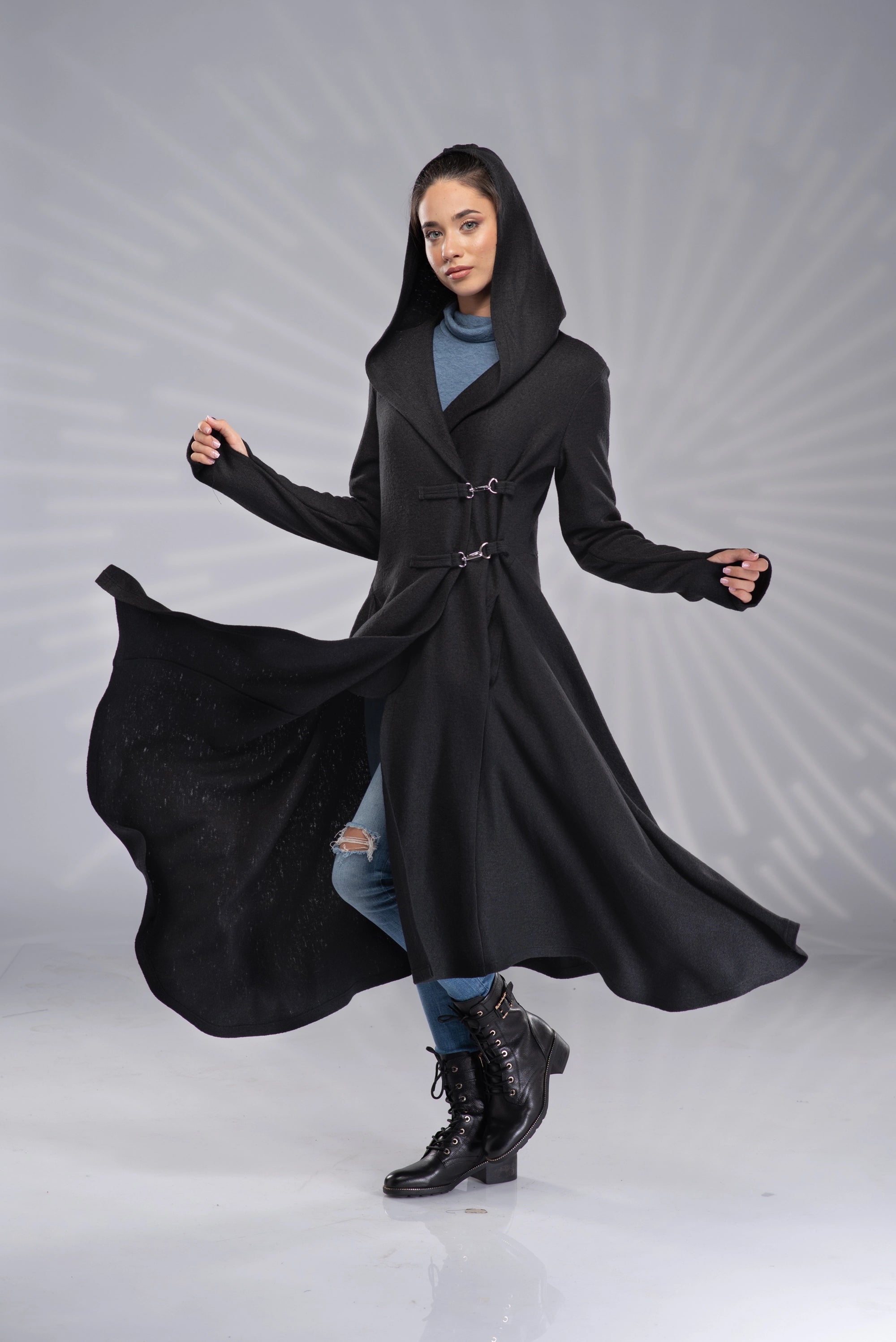 Long Hooded Cardigan Cloak with Hood - Maxi Gothic Sweater Jacket-Danellys-3.webp