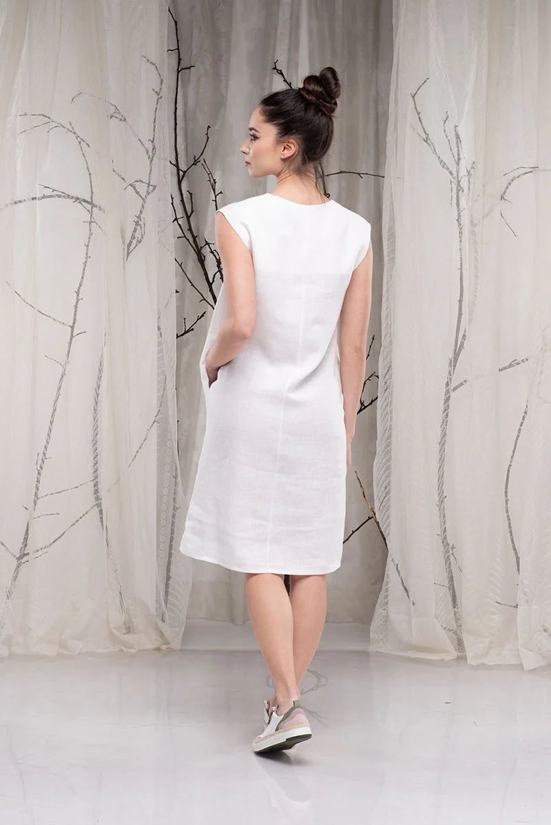 Linen White Knee Length Dress - A-line Midi Dress