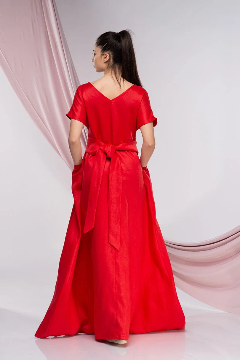 Red Linen Plus Size Cocktail Maxi Dress