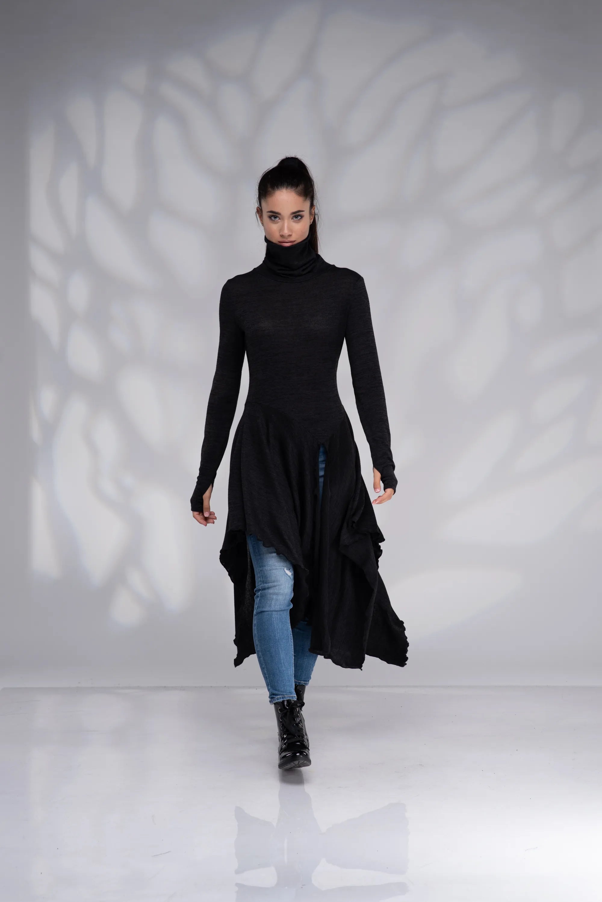 Black Tunic Sweater - Long Turtleneck Asymmetrical High Low Draped Top-Danellys.webp