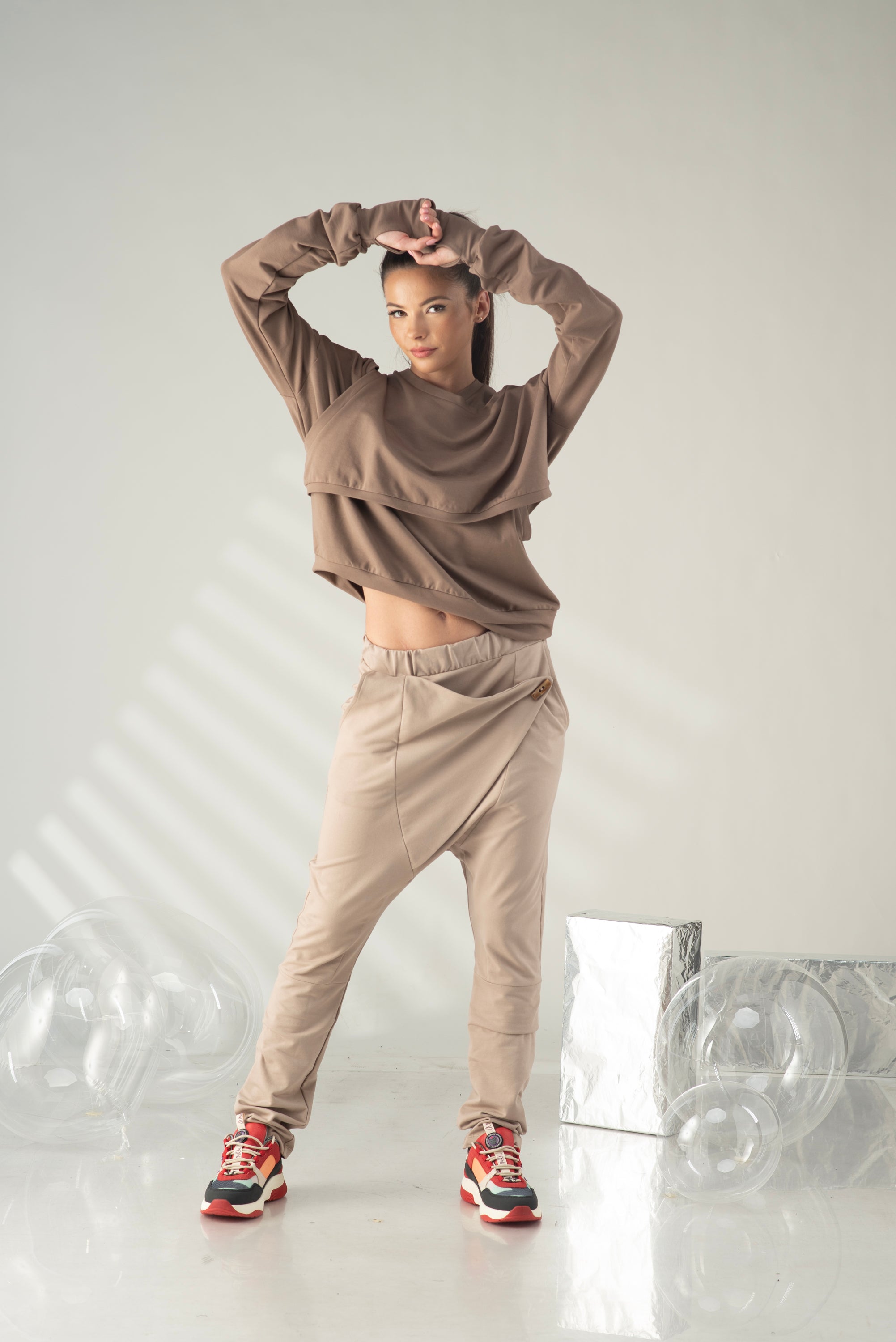 Beige Drop Crotch Jogger Pants – Contemporary Harem Trousers