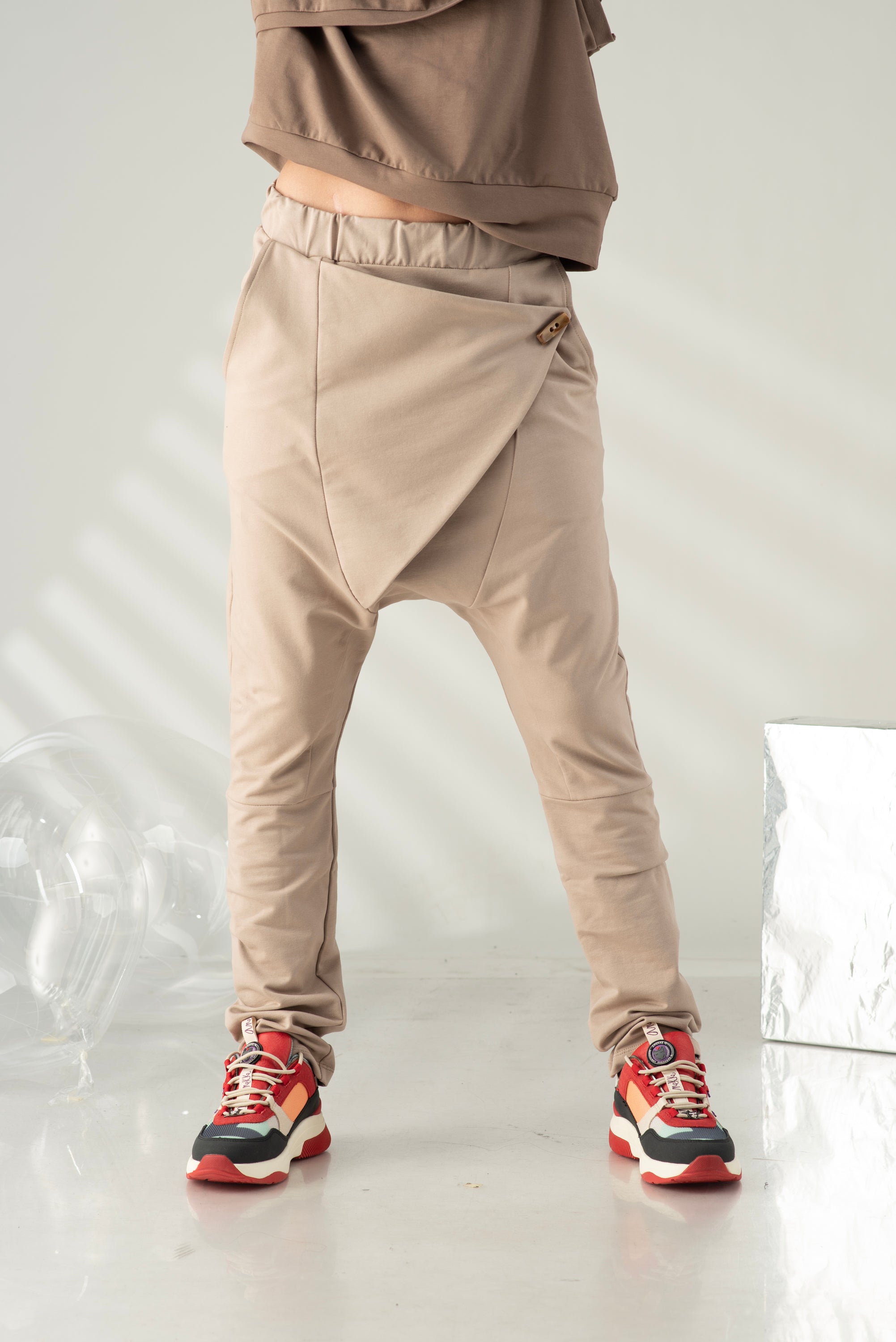 Beige Drop Crotch Jogger Pants – Contemporary Harem Trousers