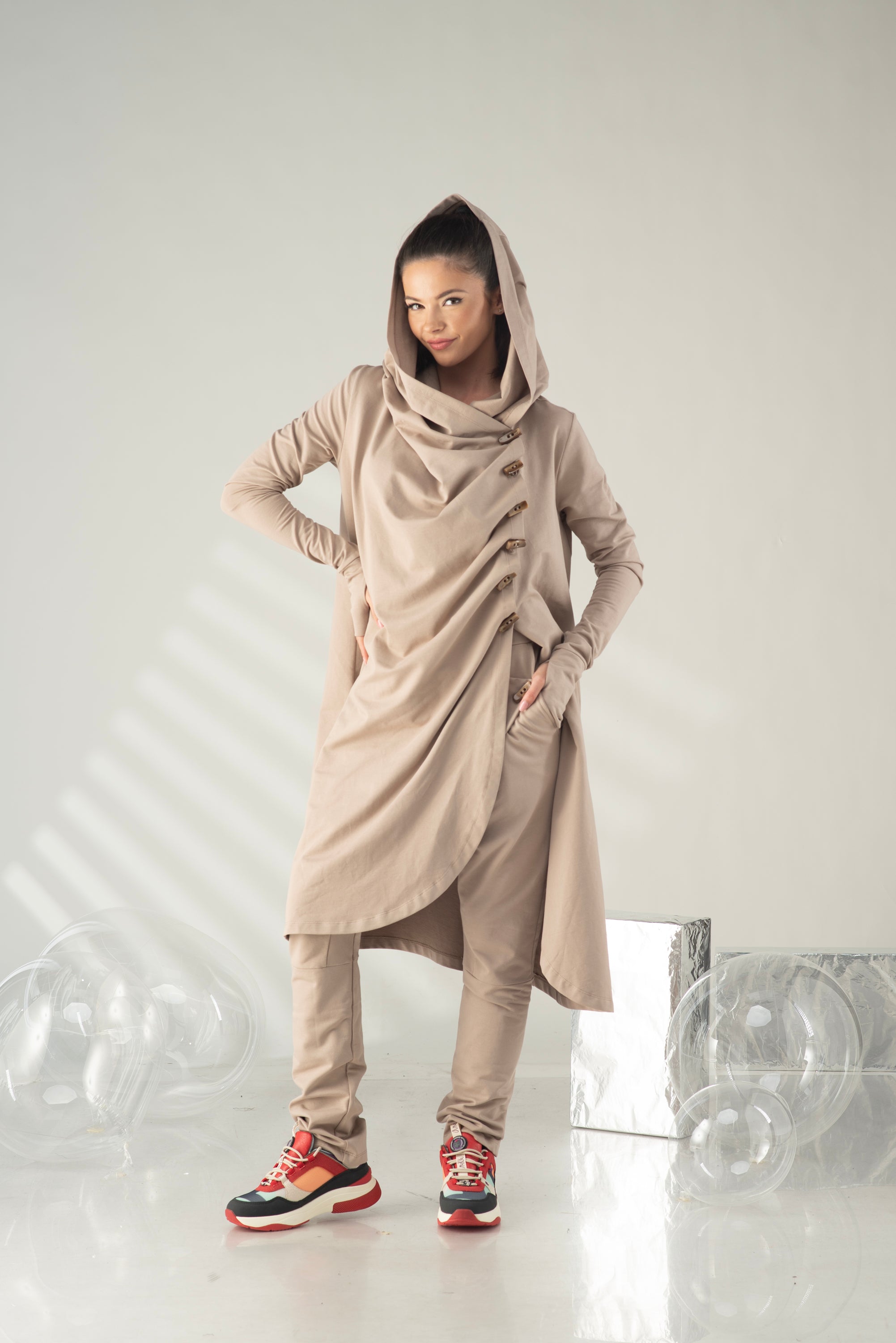 Beige Hooded Tunic Top – Draped Cowl Neck Sweatshirt
