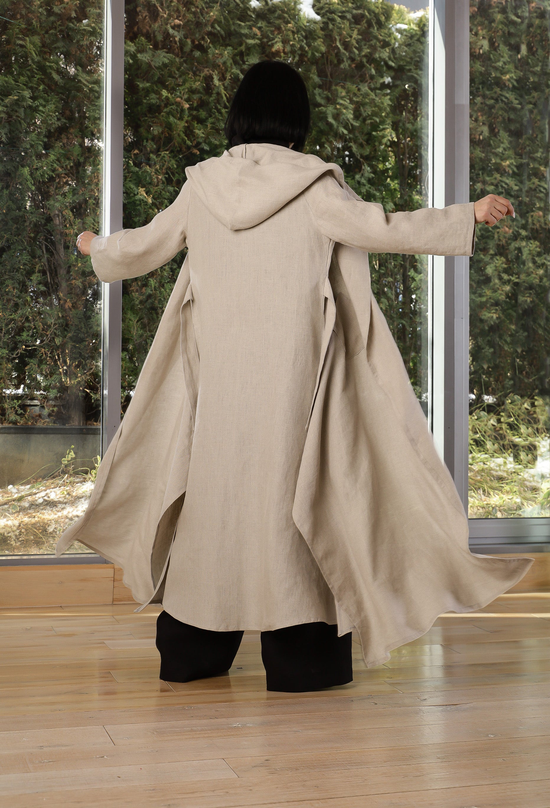 Beige Linen Hooded Coat for Women – Oversized Lightweight Linen Trench