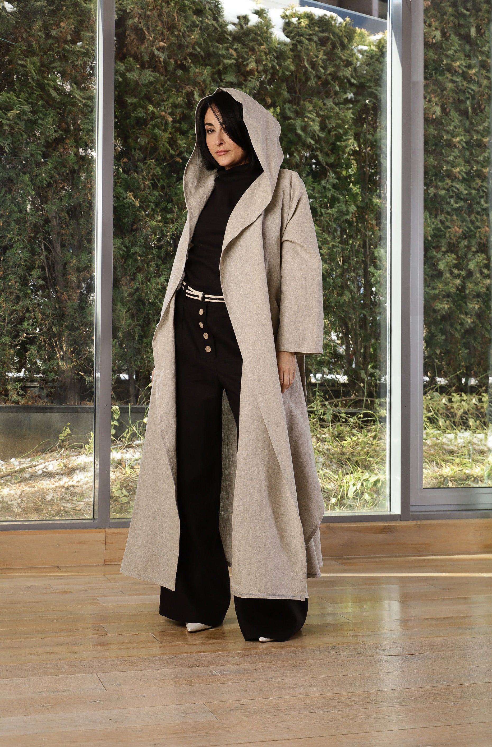 Beige Linen Hooded Coat for Women – Oversized Lightweight Linen Trench
