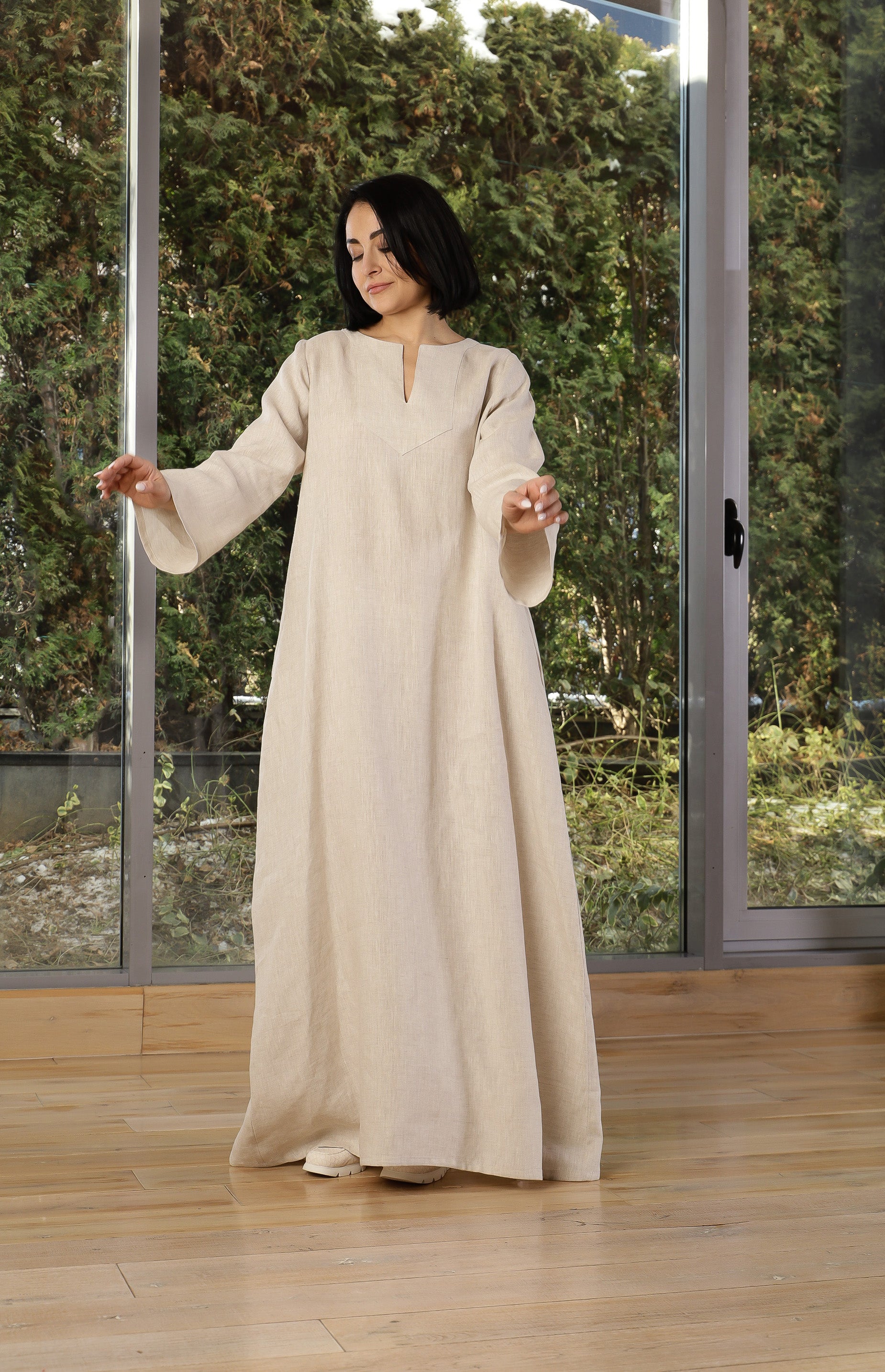 Beige Linen Kaftan Dress – Oversized Maxi Linen Dress for Women