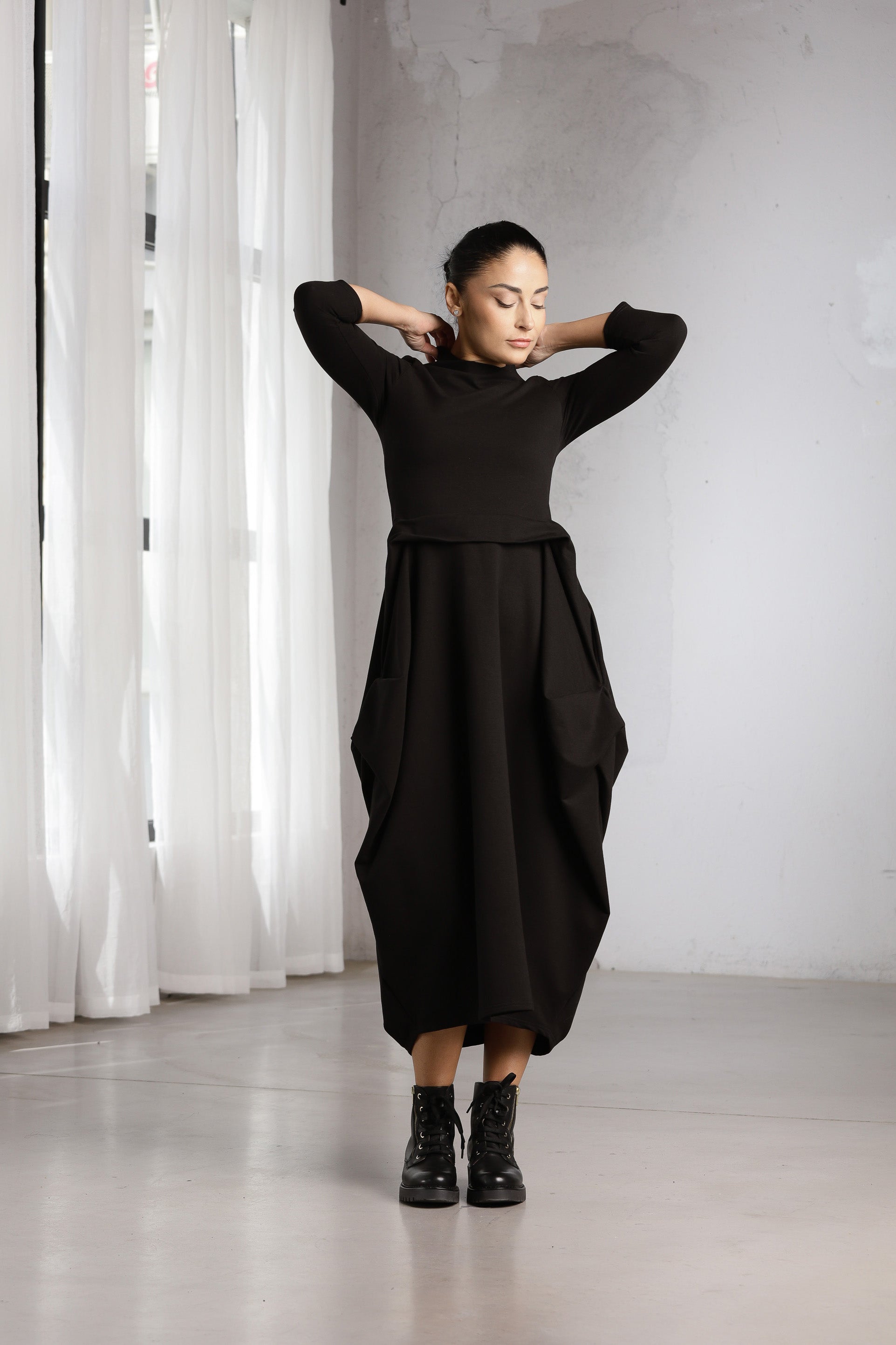 Black Avant-Garde Dress – Sculptural Oversized Midi Dress