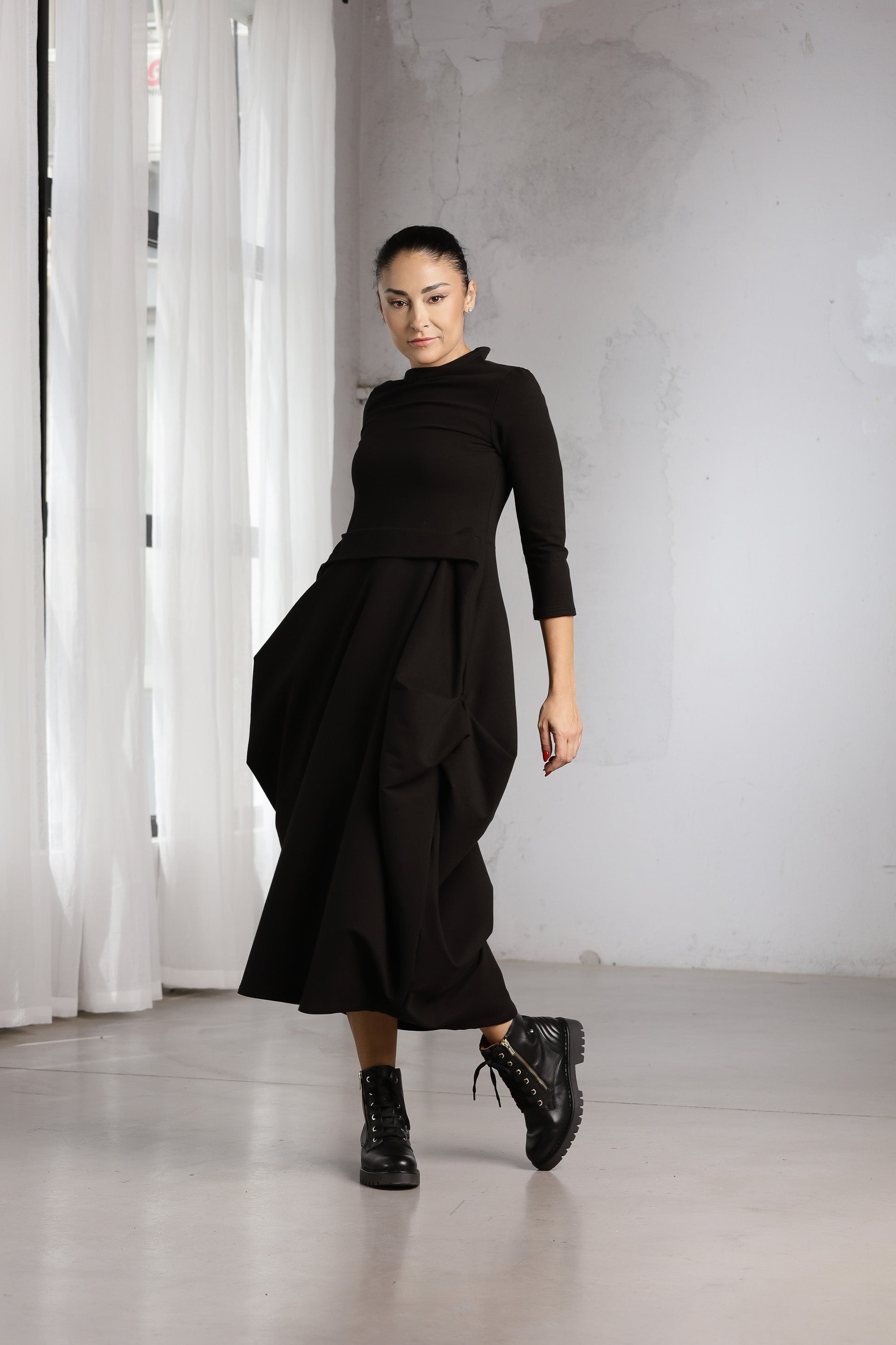 Black Avant-Garde Dress – Sculptural Oversized Midi Dress