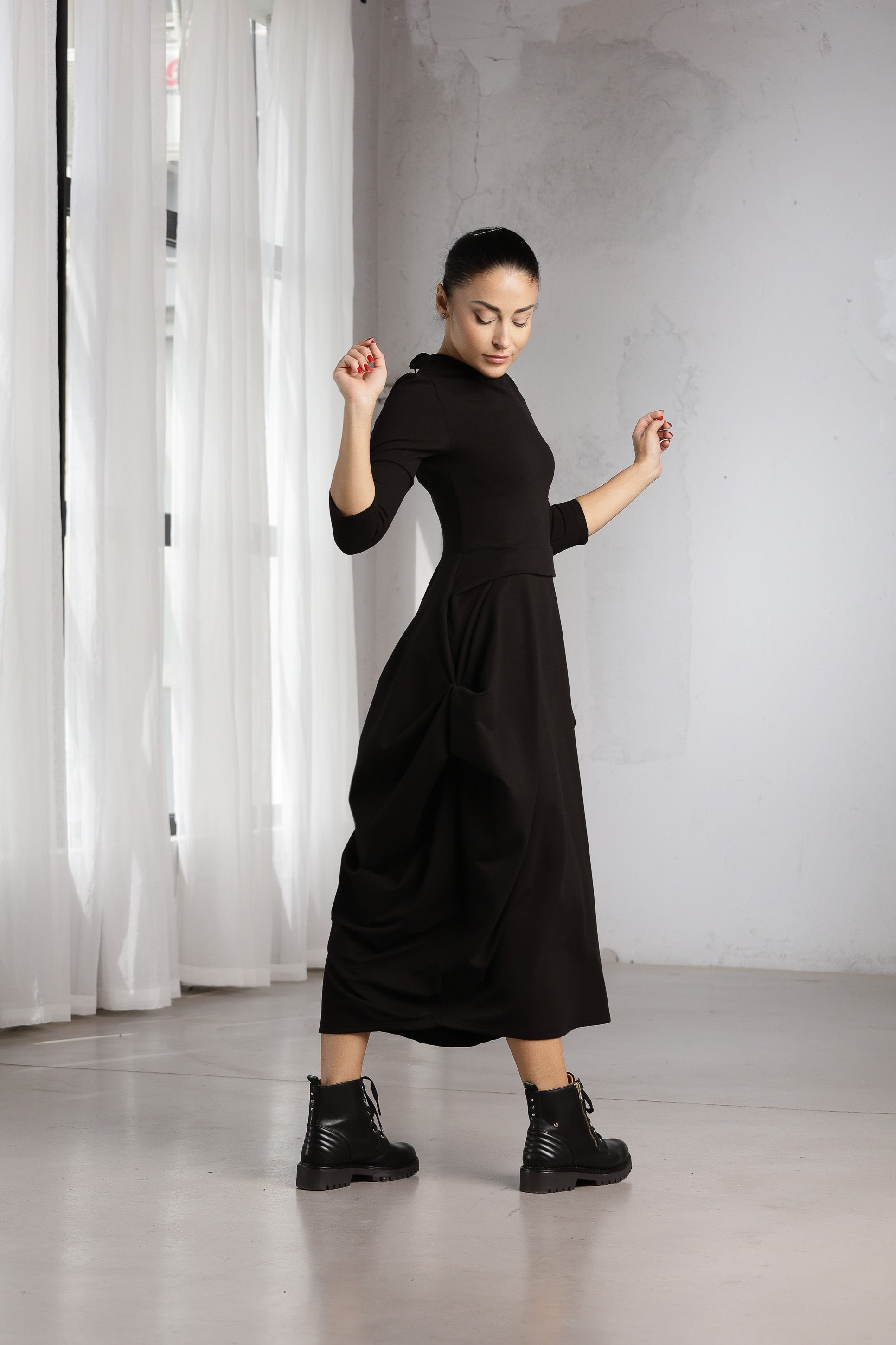 Black Avant-Garde Dress – Sculptural Oversized Midi Dress