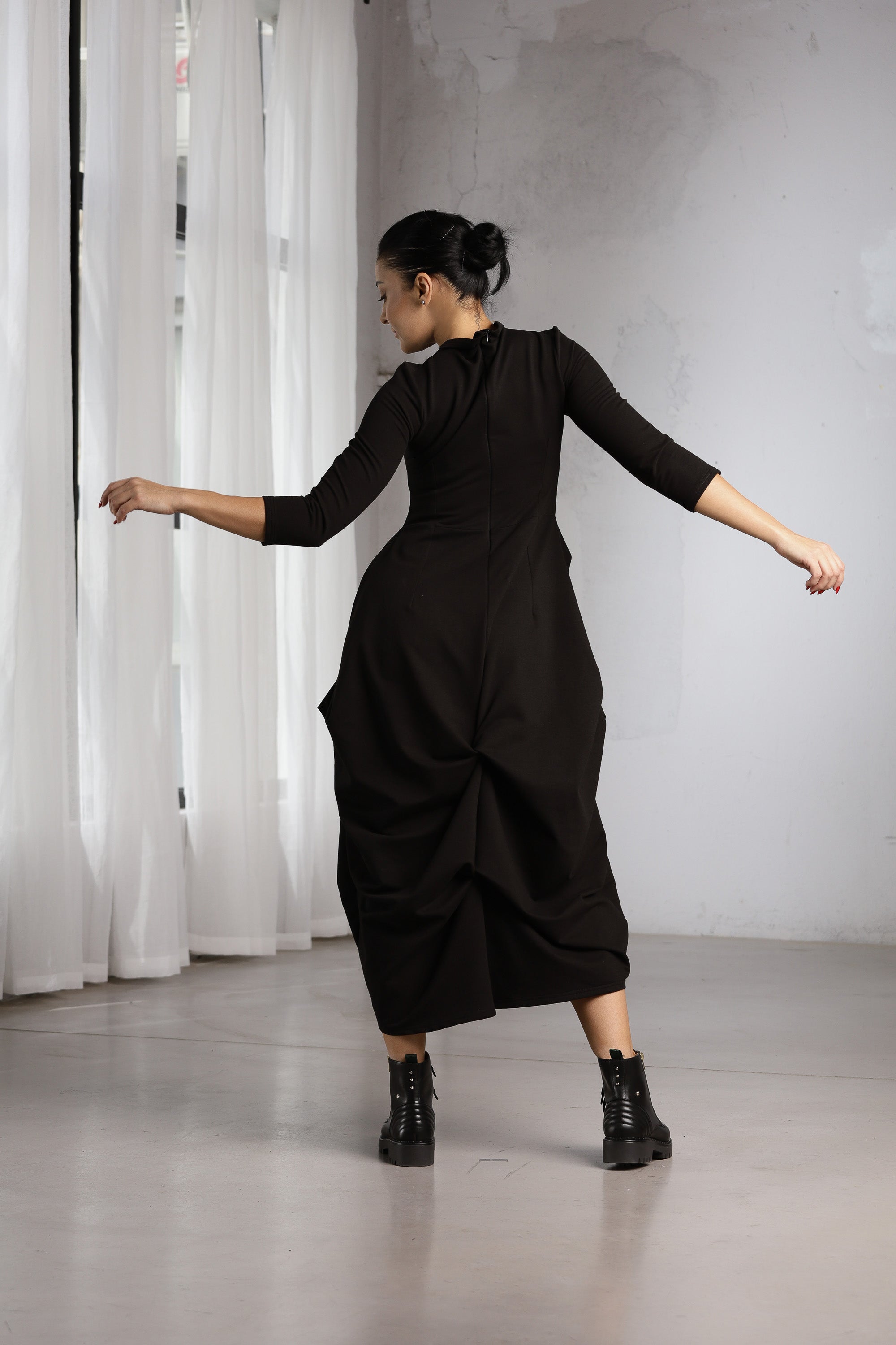 Black Avant-Garde Dress – Sculptural Oversized Midi Dress