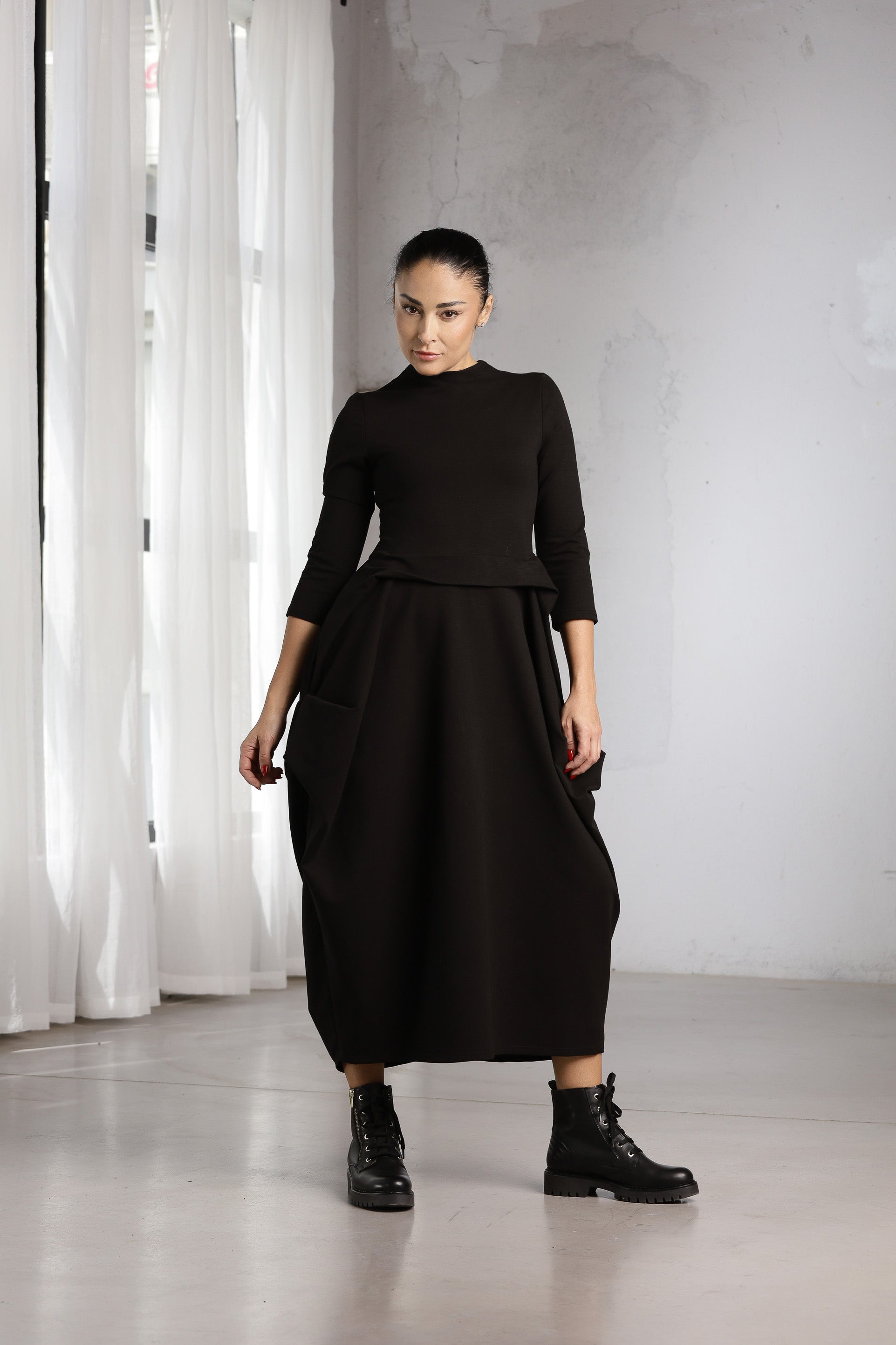 Black Avant-Garde Dress – Sculptural Oversized Midi Dress