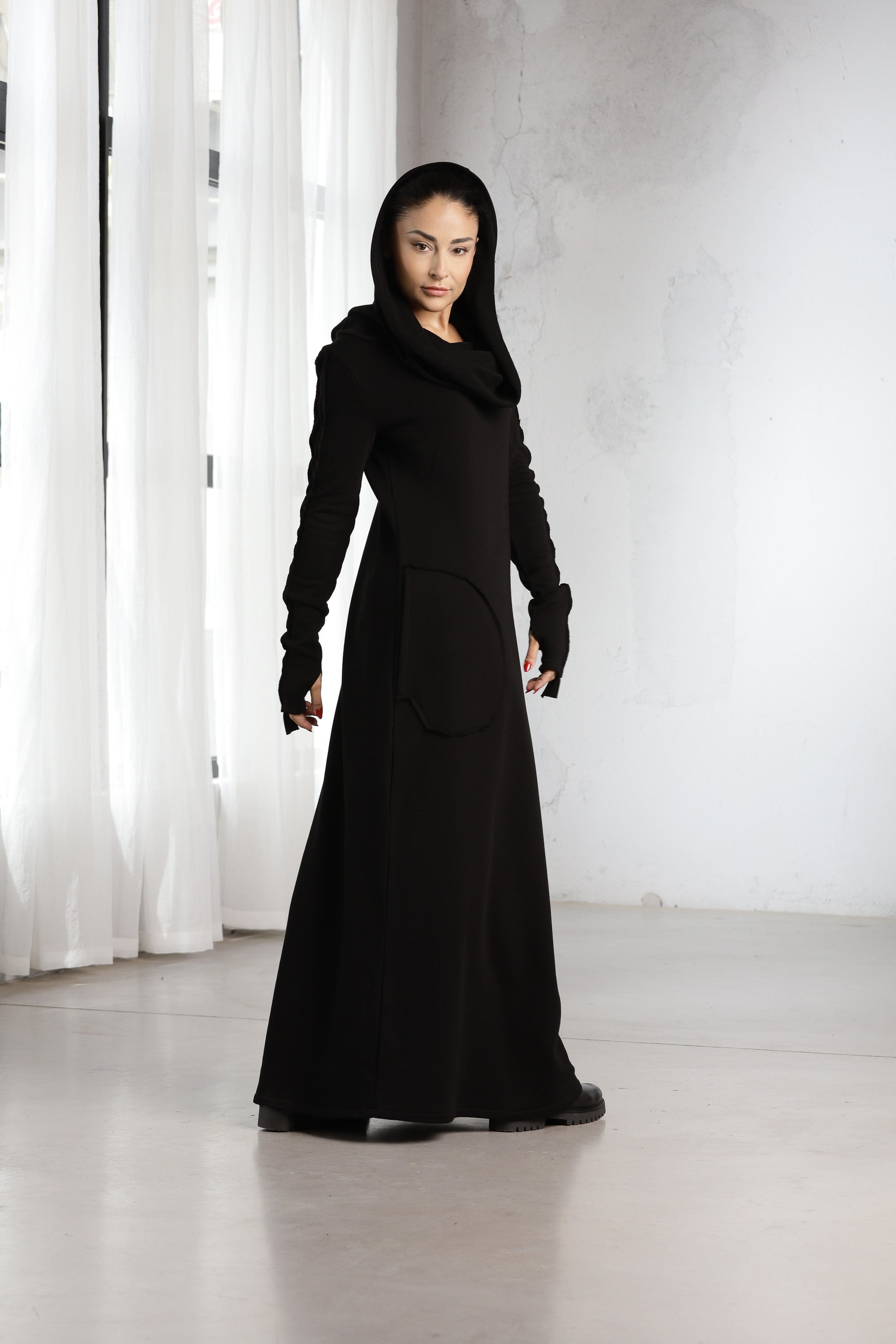 Black Hooded Maxi Dress – Minimalist Gothic Sweatshirt Dress