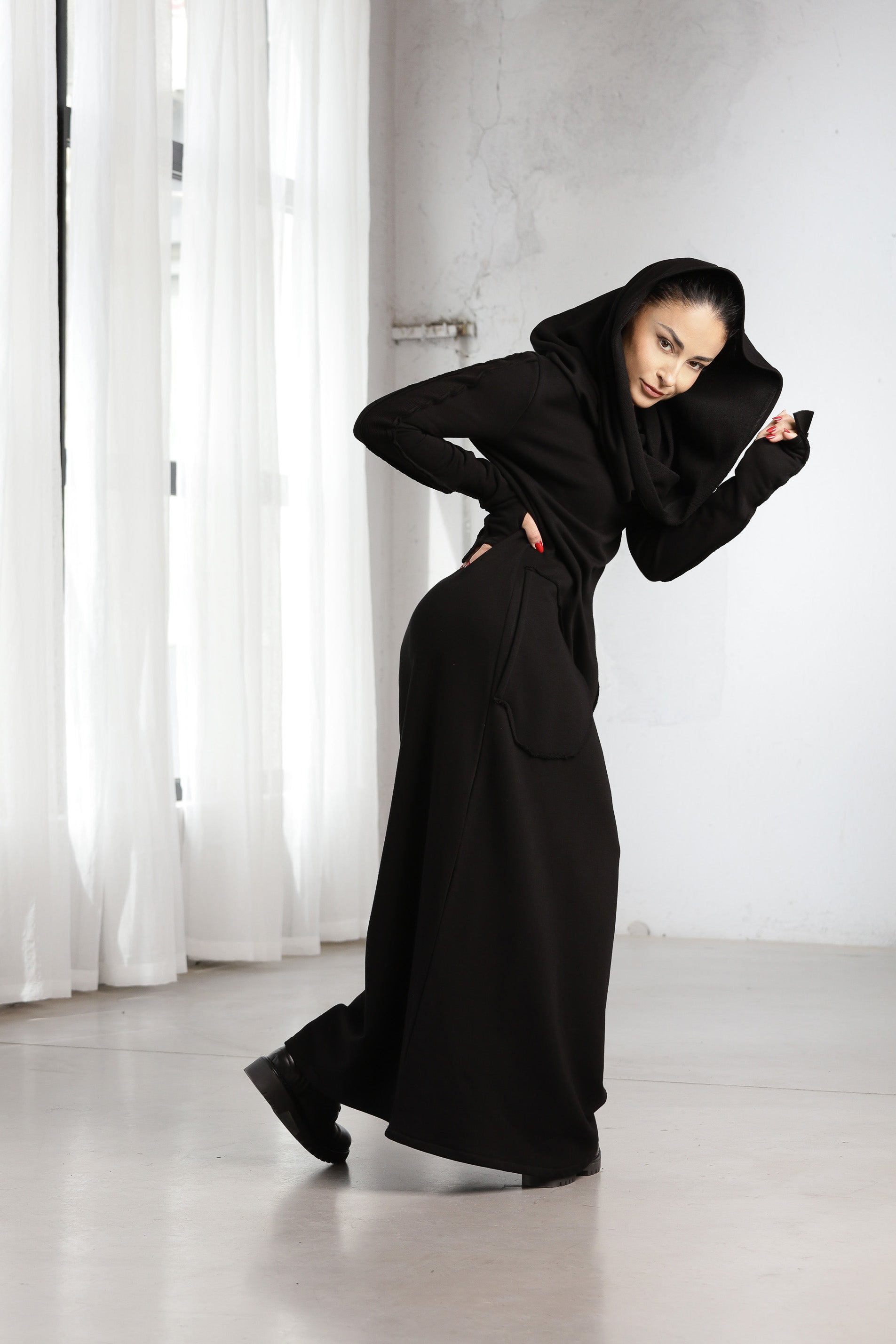 Black Hooded Maxi Dress – Minimalist Gothic Sweatshirt Dress