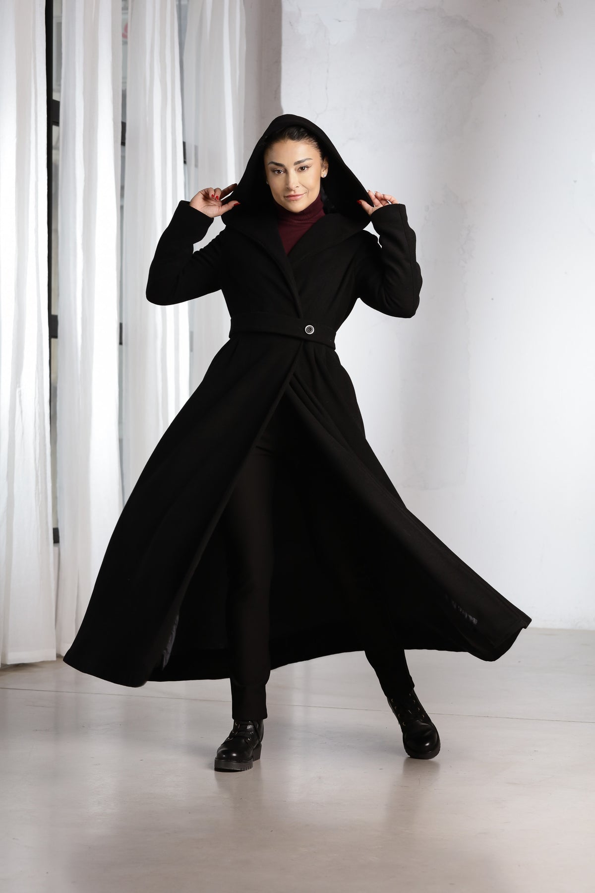 Black Hooded Wrap Coat – Elegant Full-Length Flared Wool Coat for Women